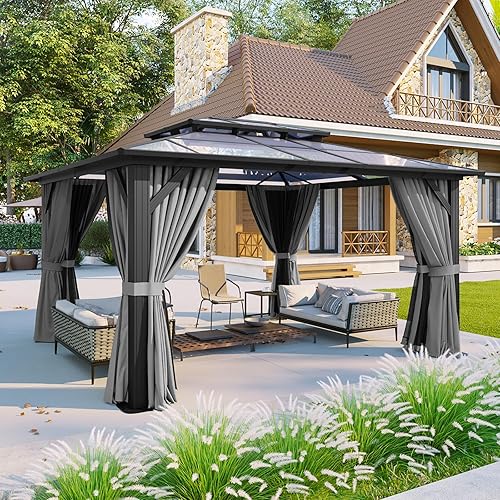Vista 100 de Aoxun - Gazebo con techo rígido para jardines, patios con cemento o césped, pabellón permanente de policarbonato con doble techo, marco de aluminio