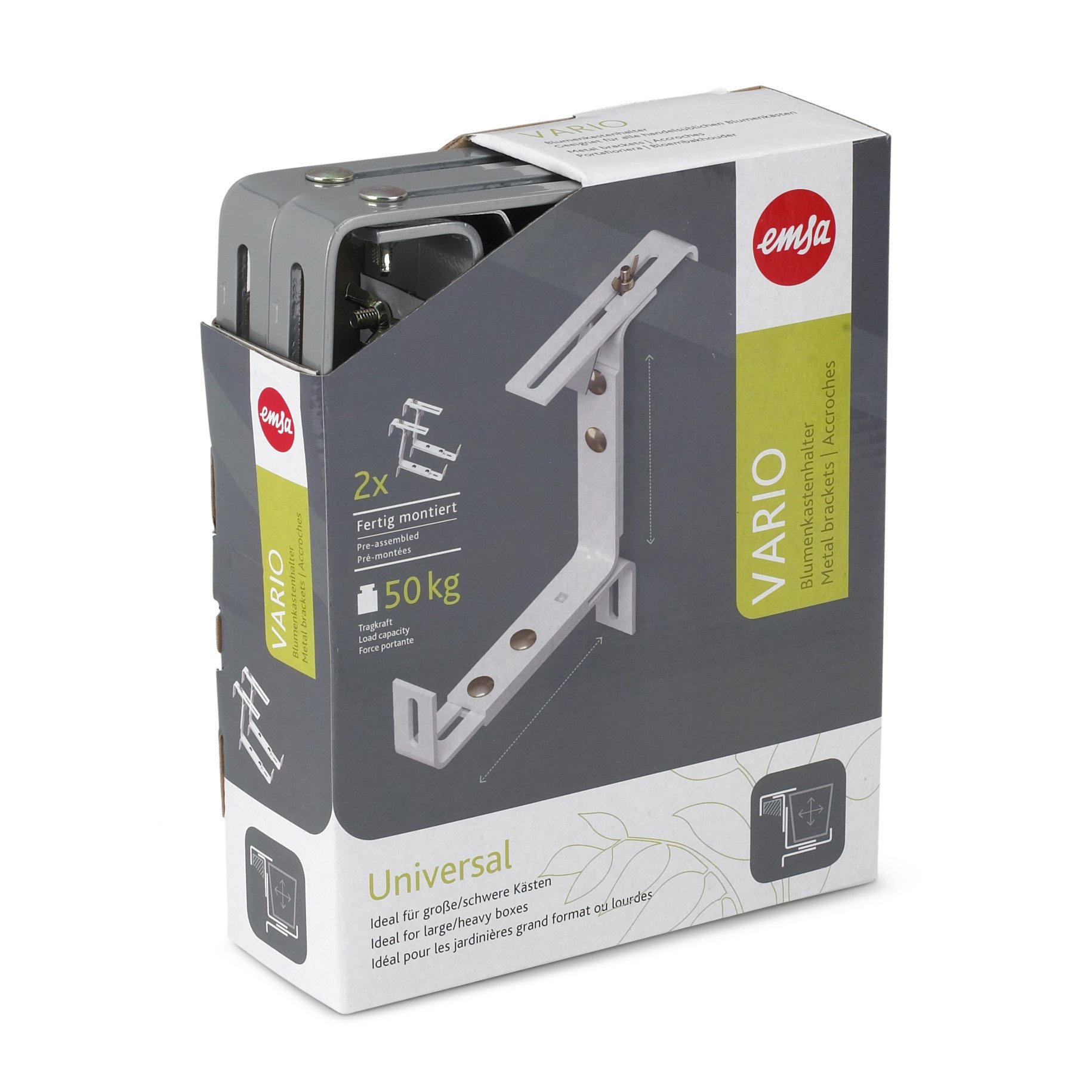 PoeticEmsa 506710 VARIO Window box brackets for wall and railing, pre-assembled, aluminium, supports up to 50 kg