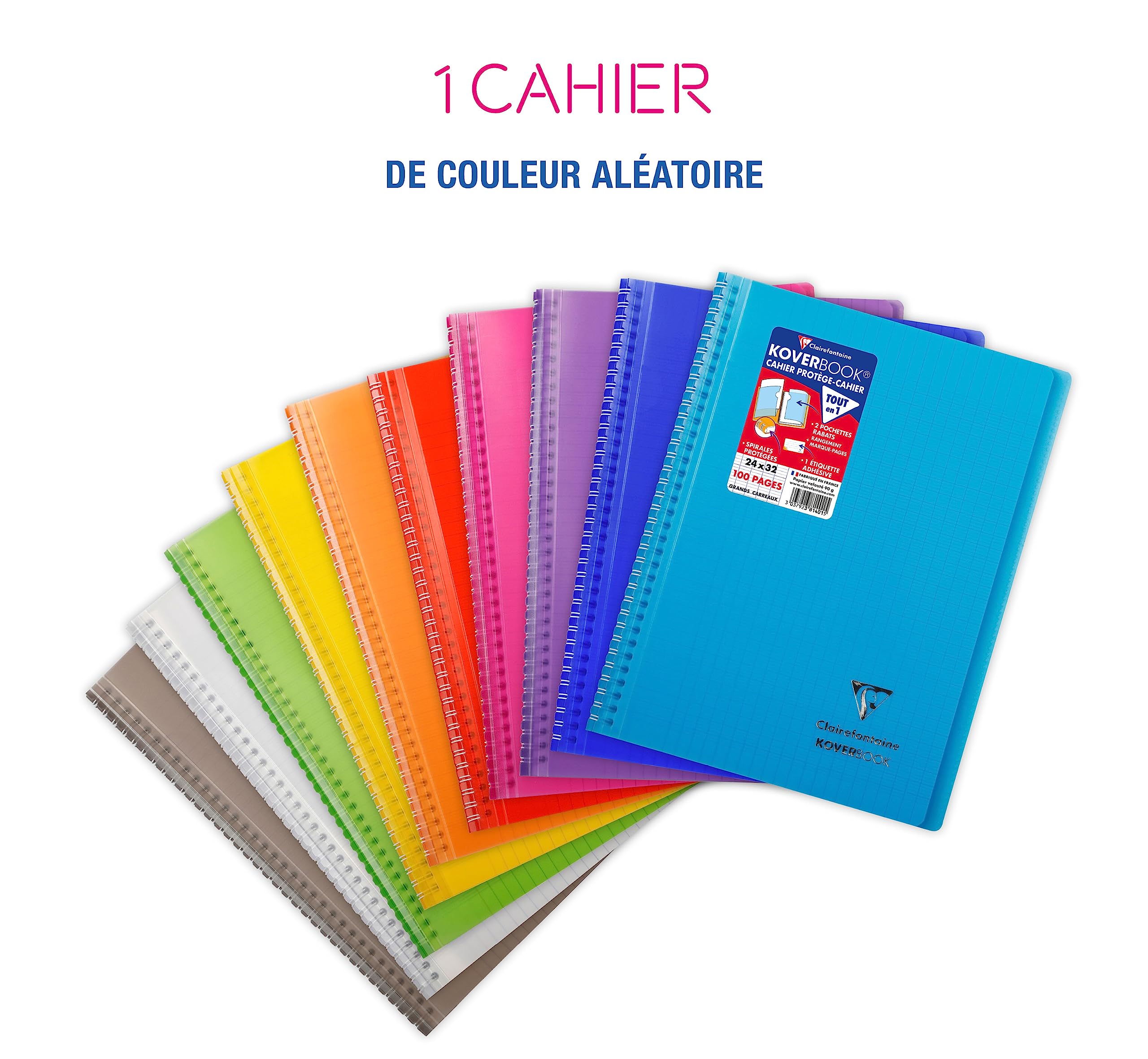 Clairefontaine Koverbook Cahier à Spirale 24x32 cm 100 Pages Grands Carreaux Papier Blanc 90 g
