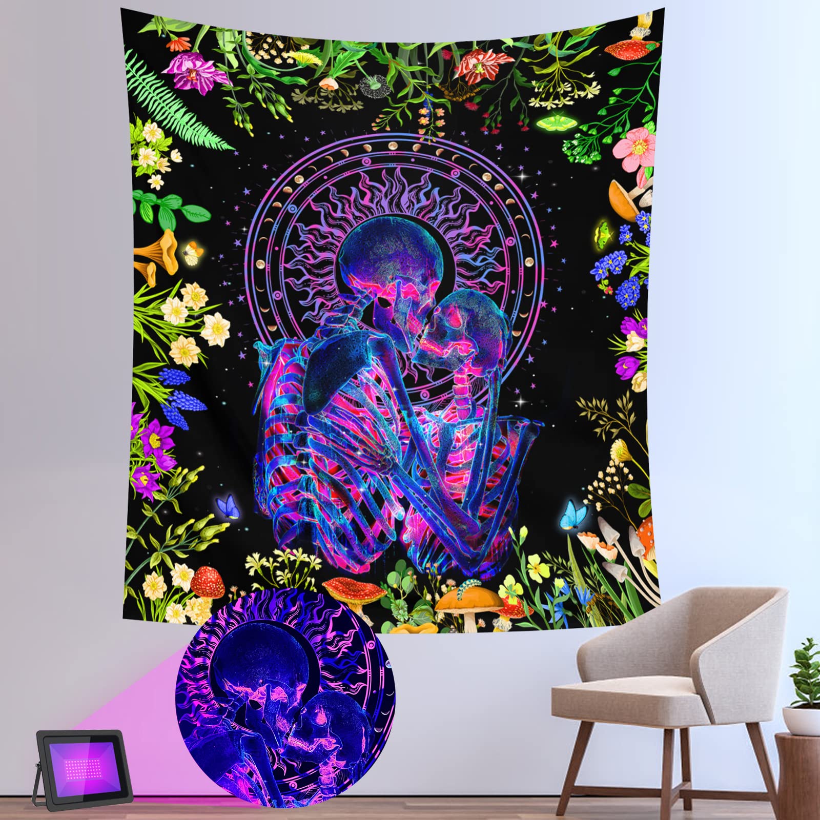 Photo 1 of 2 pk AACKart Blacklight Skull Tapestry, UV Reactive Kissing Lovers Skeleton Tapestry for Bedroom Aesthetic Colorful Floral Tapestries Glow in the Dark 51.2”x 59.1”