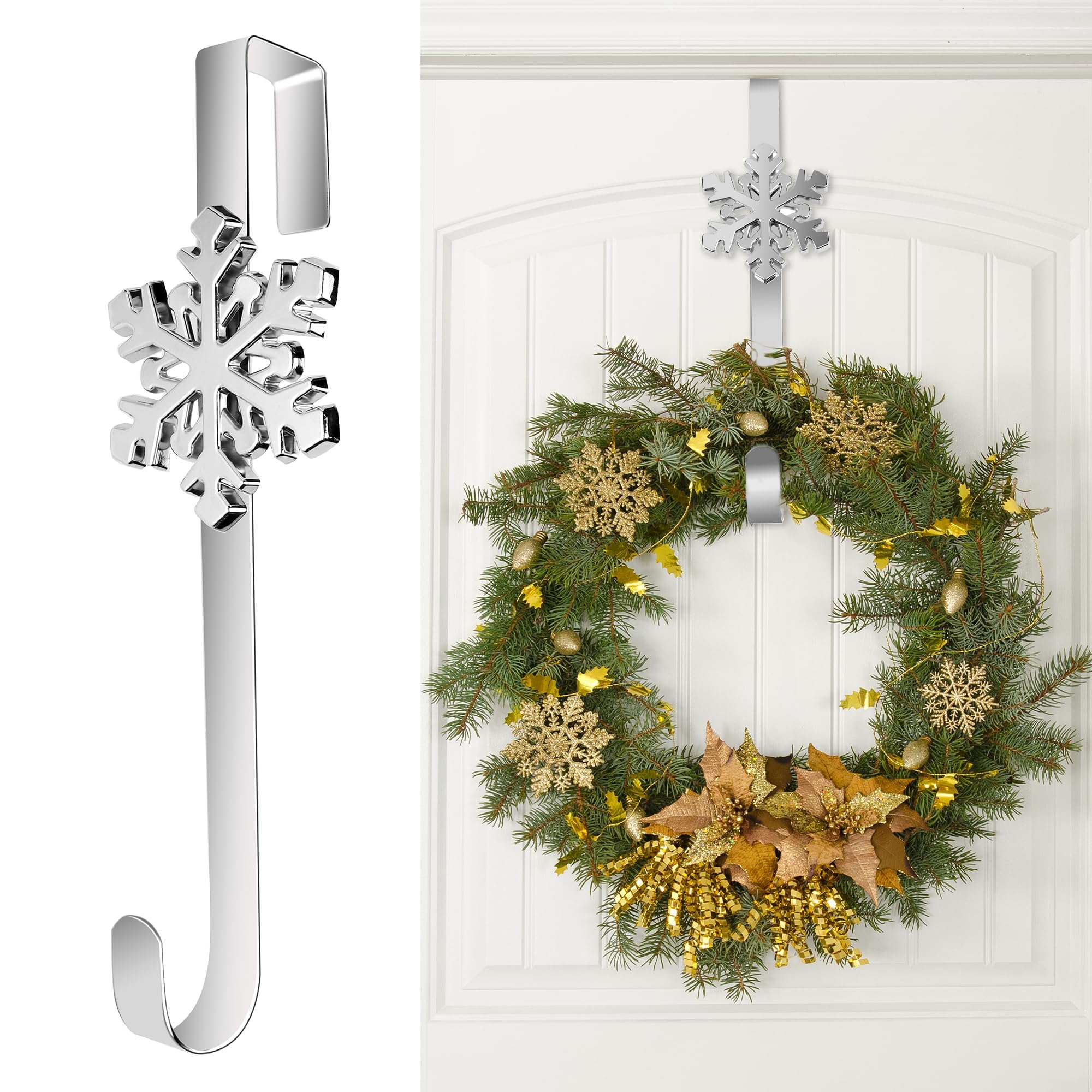 Aodaer 1 Pack Christmas Silver Metal Wreath Hanger 14.5 Inches Wreath Hooks with Snowflake Interchangeable Icons Stainless Steel Front Door Hanger Heavy Duty Wreath Holder for Christmas Decorations