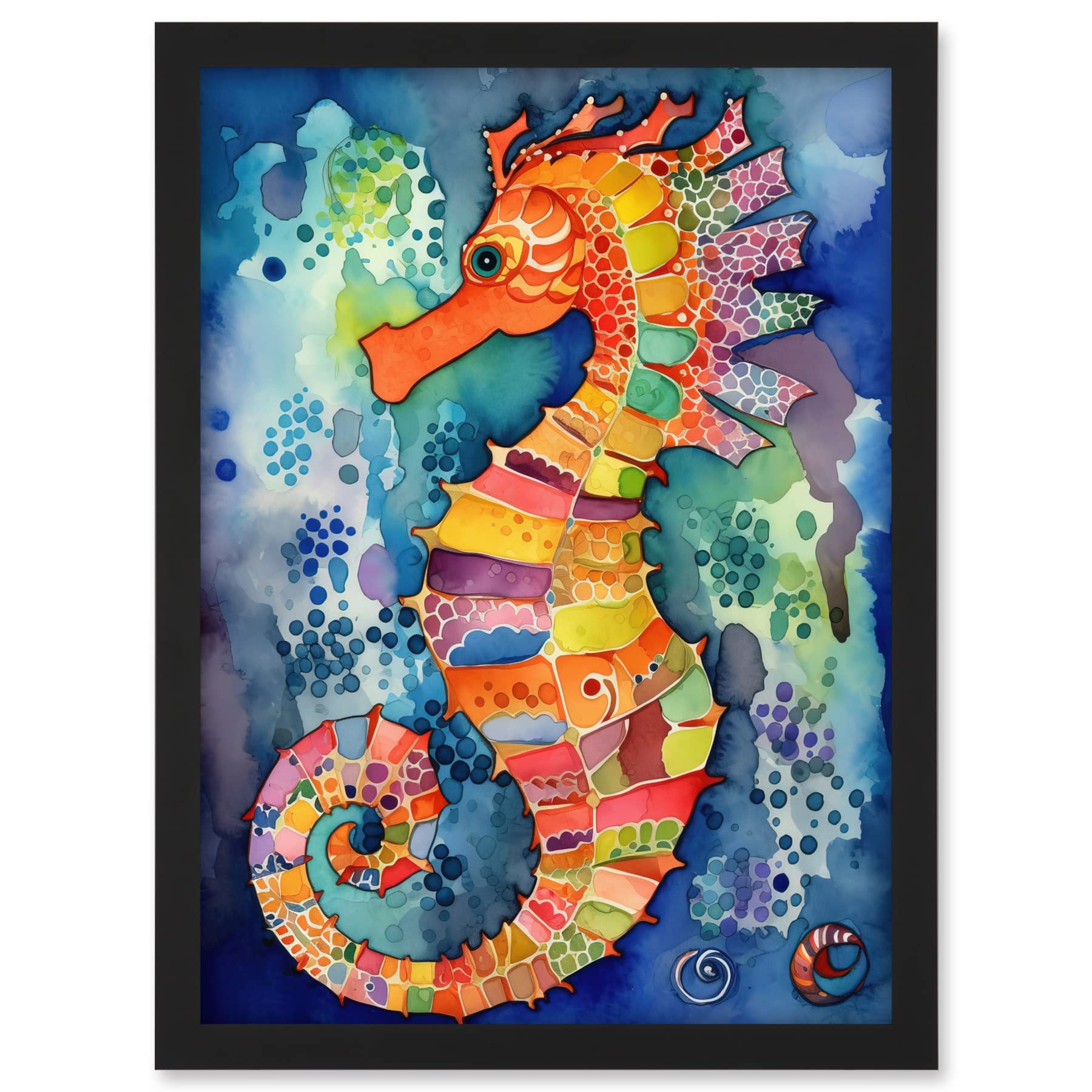 Artery8 Vibrant Colour Pattern Seahorse Folk Art Artwork Framed A3 Wall Art Print