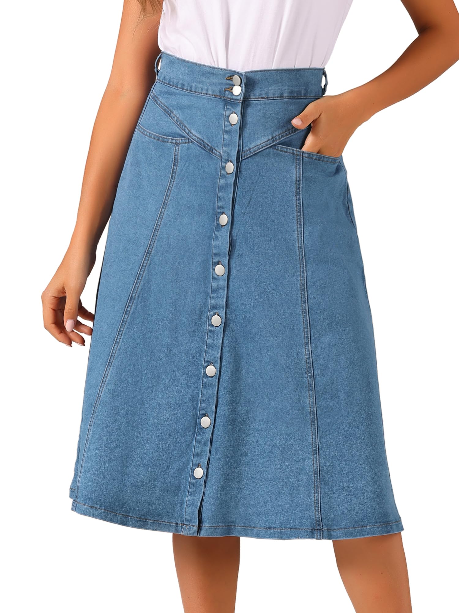 Allegra K Damen Denim Rock Dehnbar Hoher Taille Knopfleist Lang Jeansrock A-Linie Tasche Midirock