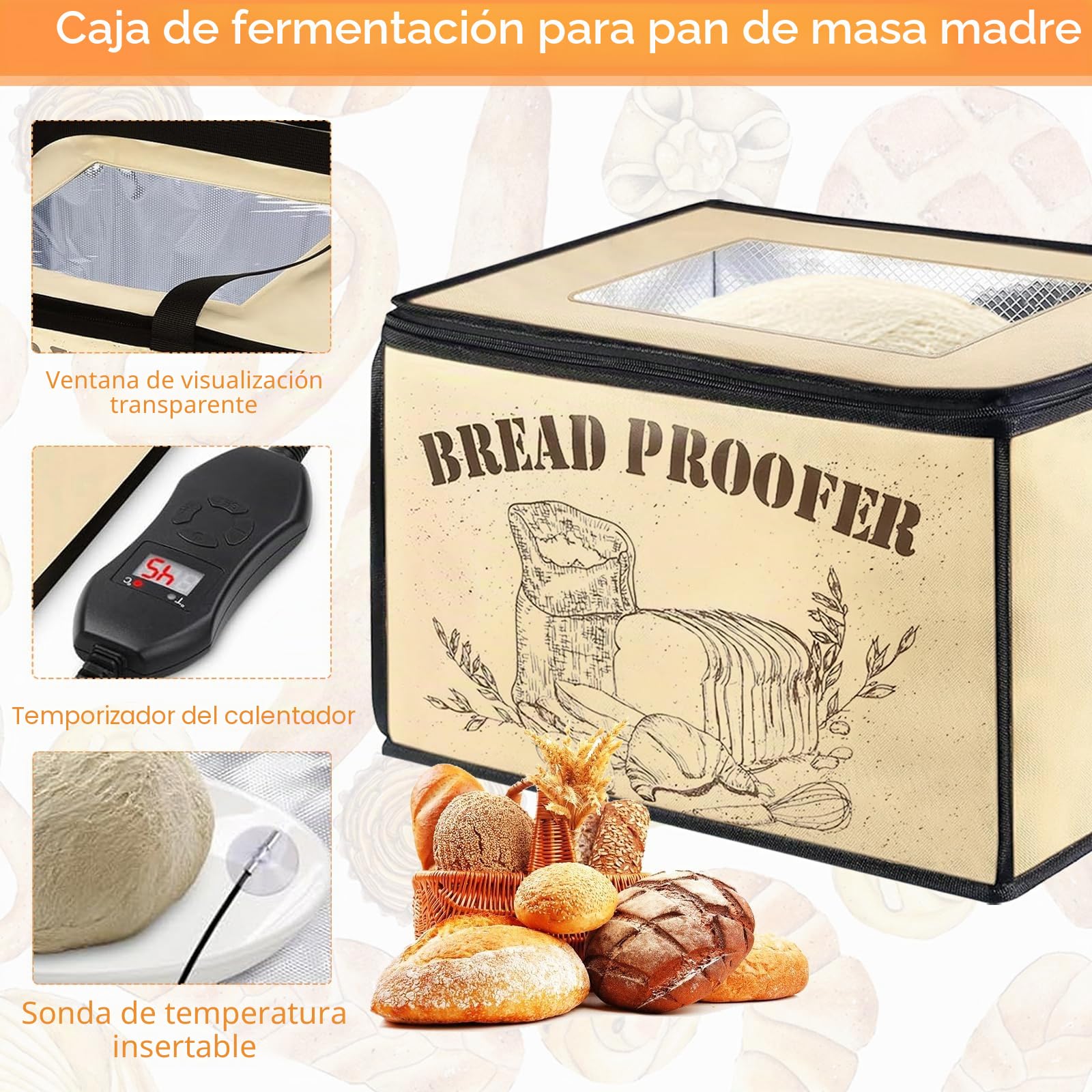 Fermentadora de Pan, Caja de Fermentación para Masa de Pan con Temperatura Ajustable, Temporizador y Calentador para Masa de Pan Casero y Yogur