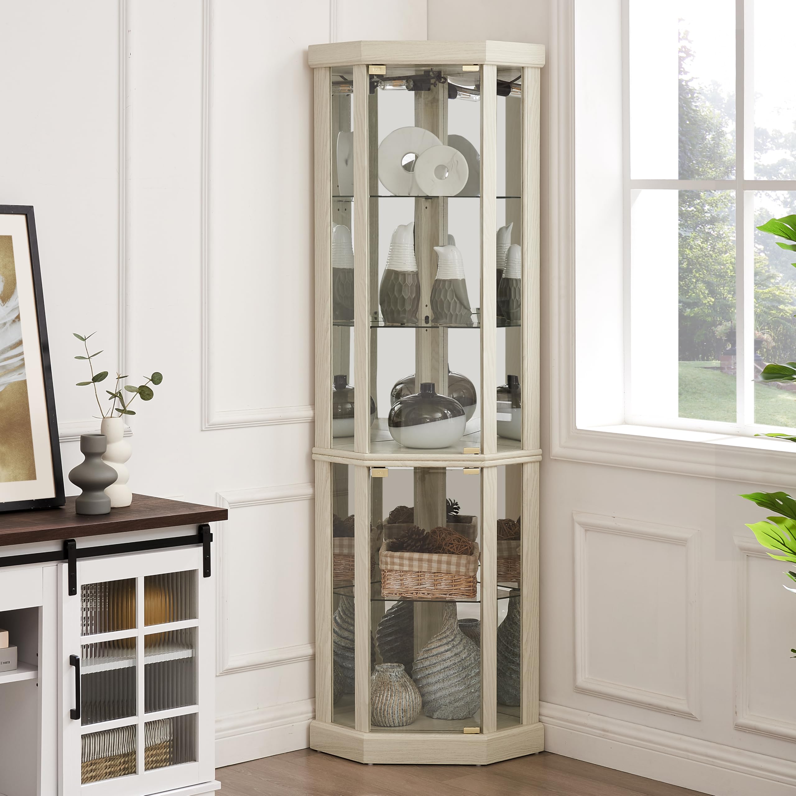 LUMISOL Glass Storage Cabinet with Lights and Adjustable Shelves, Corner Display Case Wine Cabinet for Living Room, Dining Room, Hallway, Antique