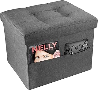 Storage Ottoman Footrest Stool with Double Pocket Folding Ottoman with Srorage Small Ottoman Stool for Living Room Study Bedroom Grey L17W13H13inches