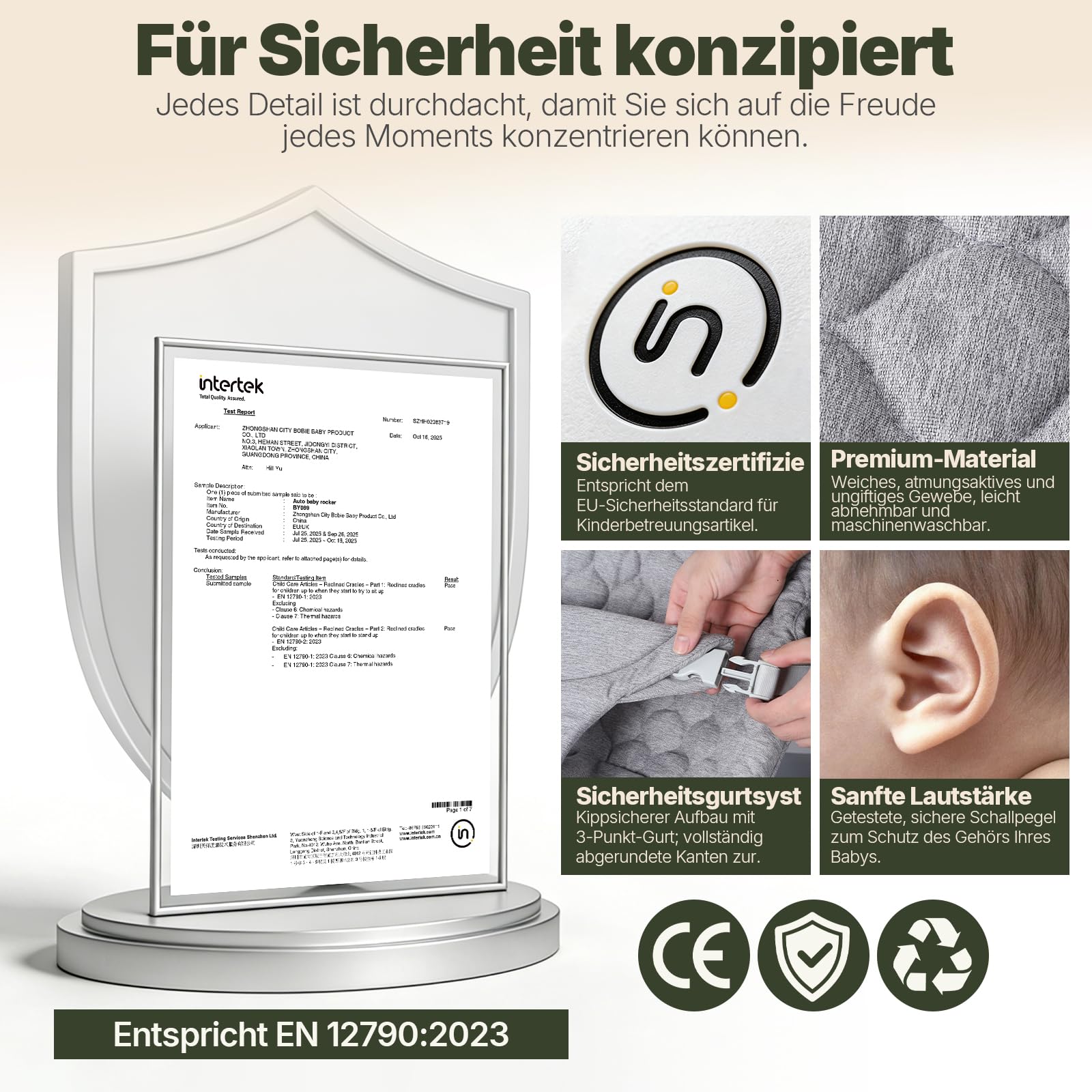 Baby Rocker Elektrische, Automatische Schaukeln mit Klopf-Sensor | 3 Schwinggeschwindigkeiten & Touchpanel, 2 Timer (30/60 Min), 8 Schlaflieder, Bis 9kg & 65cm, Zephyrgrau