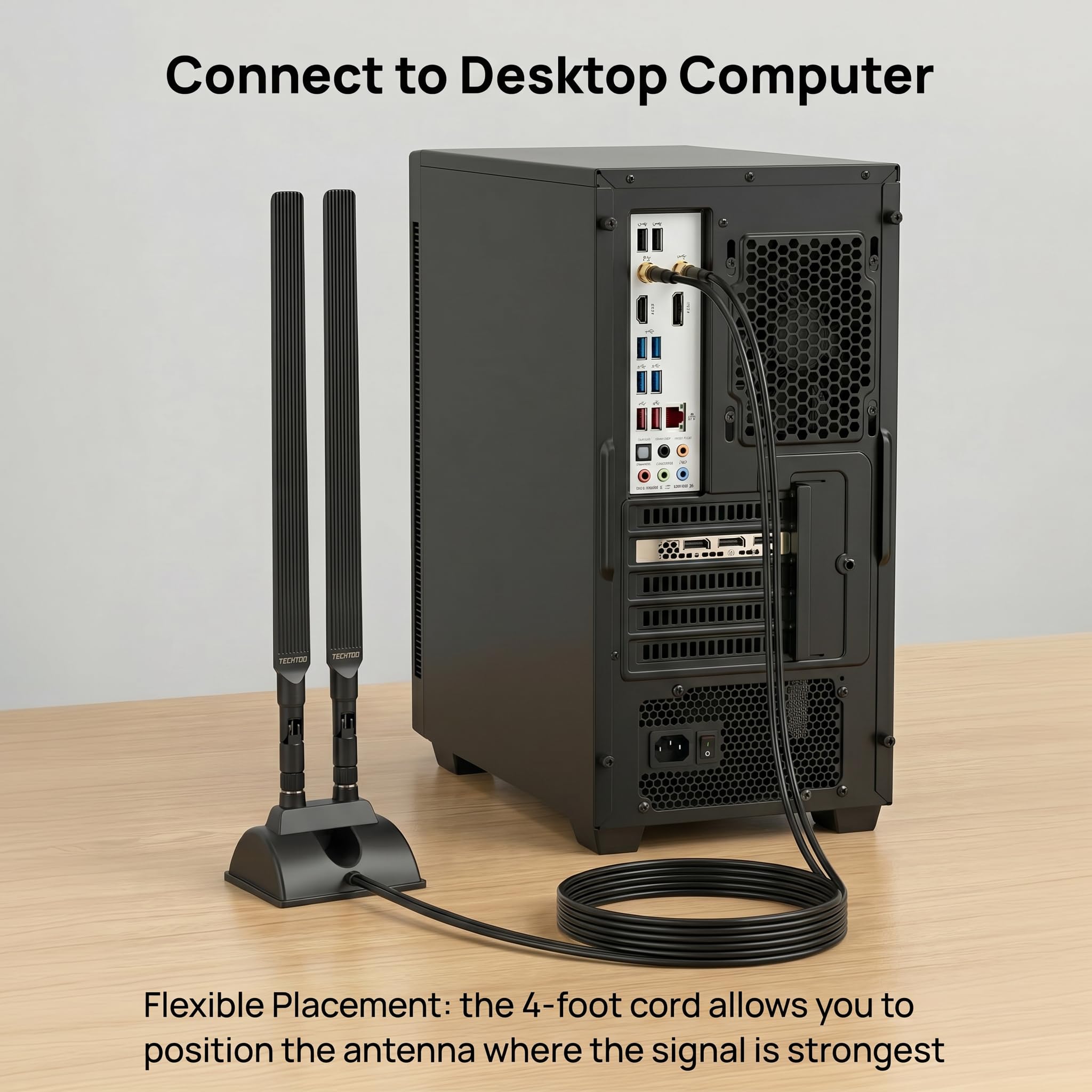 TECHTOO Antena WiFi de 12 dBi de doble banda 2.4 GHz 5 GHz RP-SMA Antenas WiFi con base magnética y cable de extensión de 4 pies para PC de escritorio, PCI, Bluetooth, tarjeta de red inalámbrica