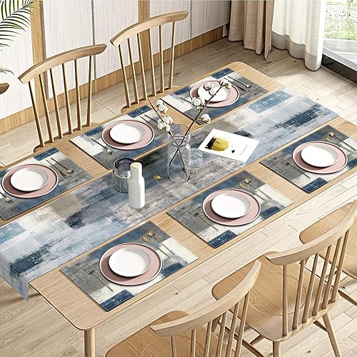 Miniatura 8 de Emvency Juego de 6 caminos de mesa y manteles individuales de granja, lino y algodón, pintura abstracta verde azulado y gris, decoración de mesa de