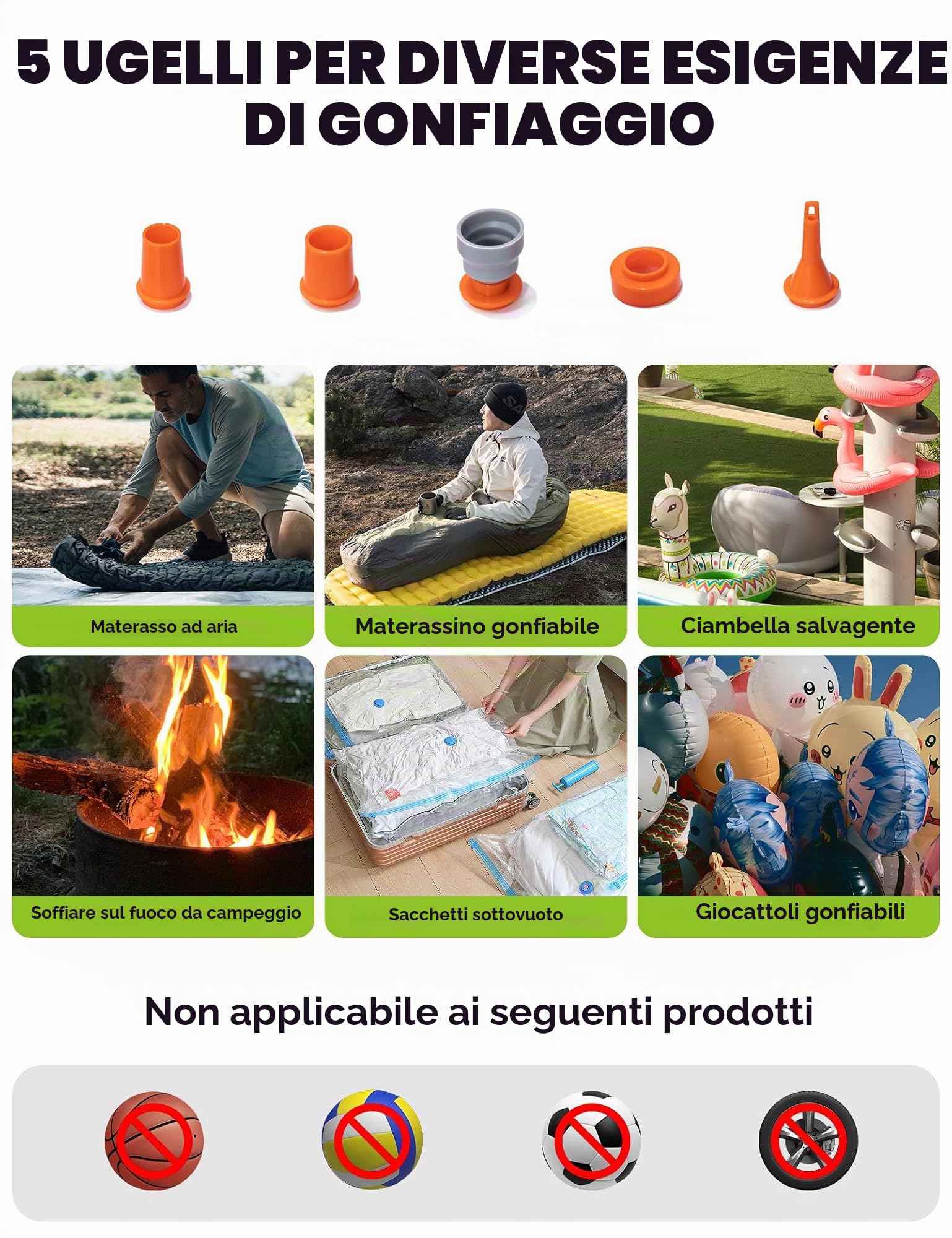 Pompa ad Aria Elettrica Portatile 45g Ultraleggero 4,2 kPa | 150L/min, con 5 Ugelli Multipli, Gonfiaggio e Sgonfiaggio, Pompa Sottovuoto Luci Campeggio per Materasso Gonfiabile