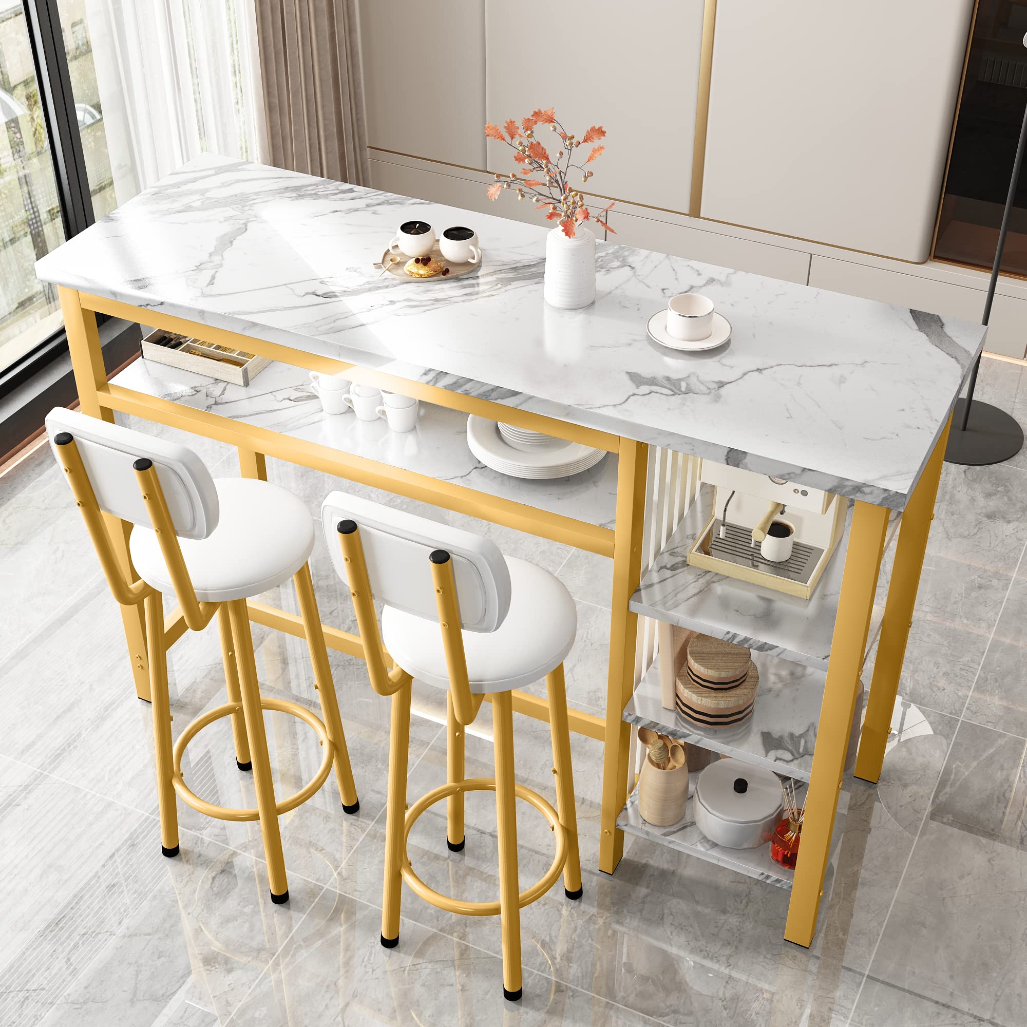 AWQM Bar Table Set of 2 with Storage Shelves, 47" White Faux Marble Dining Set with 2 upholstered Counter Height Backrest Chairs, 3-Piece Dining Set for 2, Space Saving Table for Home & Kitchen