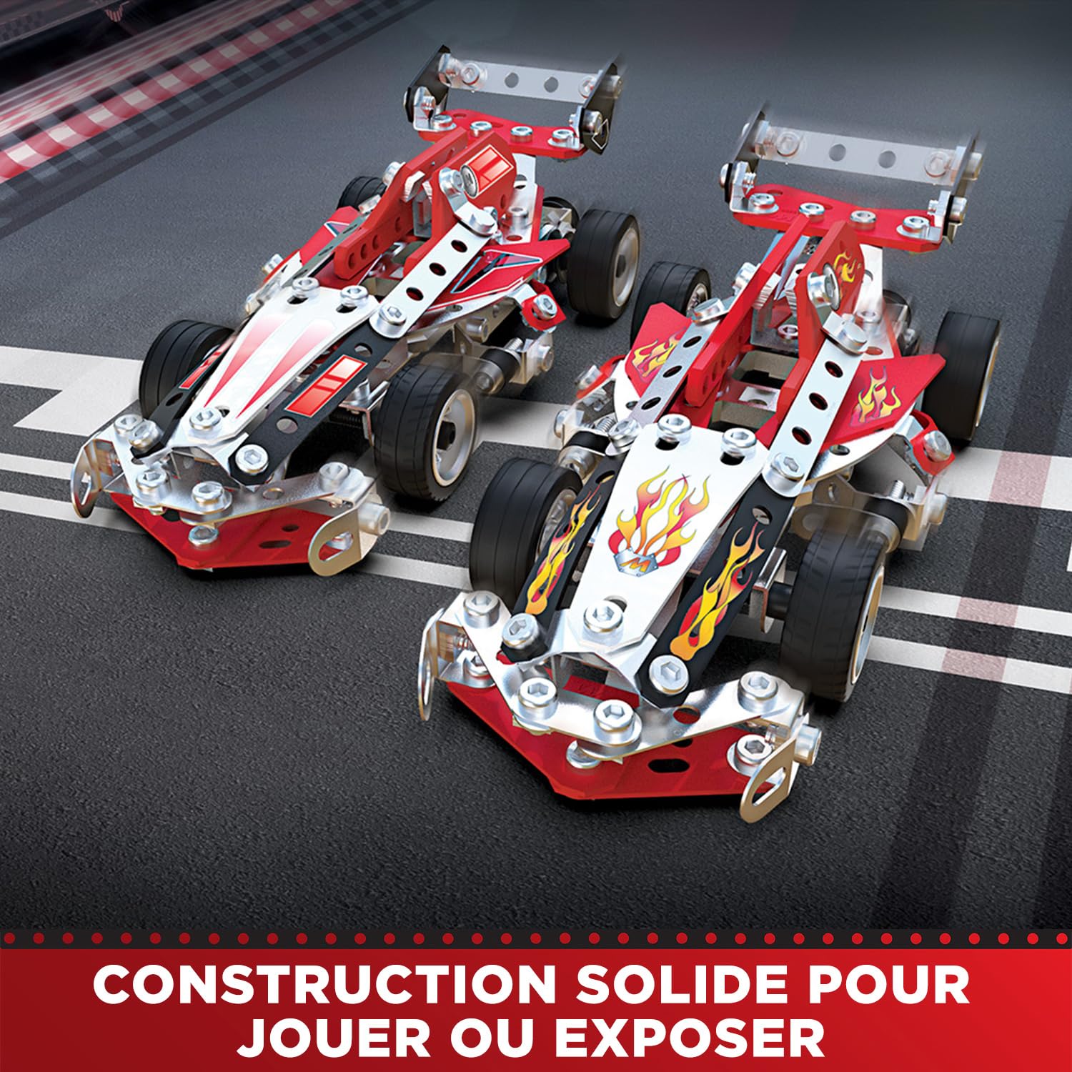 BANDAI - Meccano Véhicules de Course 10 en 1 - Coffret de Construction 10 Modèles - 225 pièces, Outils, Notice - Kit Activité Assemblage Voiture Avion Bateau Course - Jouet Enfant 8 Ans et+ -APM20104
