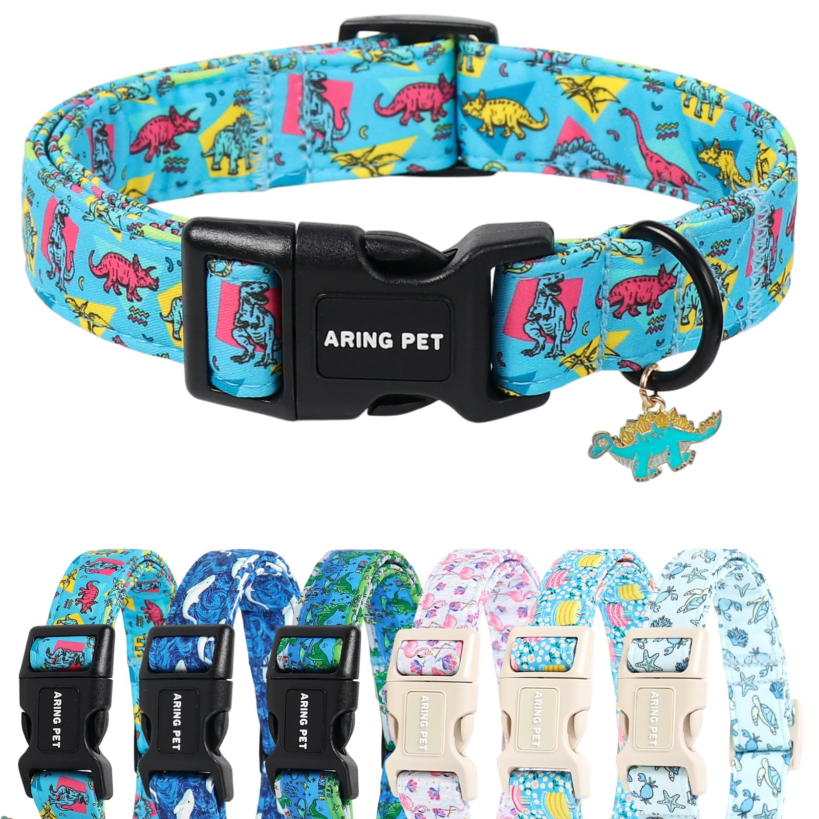 ARING PET Boy Dog Collar for Puppy Small Medium Large Dogs-Blue Dinosaur M