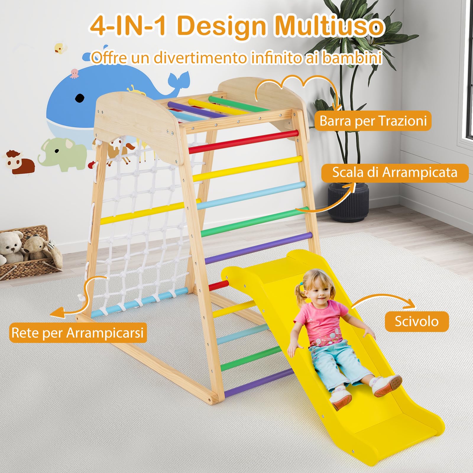 COSTWAY Set Arrampicata 4 in 1, Parco Giochi Interno in Legno con Sbarre Rete da Arrampicata e Scala da Arrampicata, per Bambini 1 Anno+ (colorato)