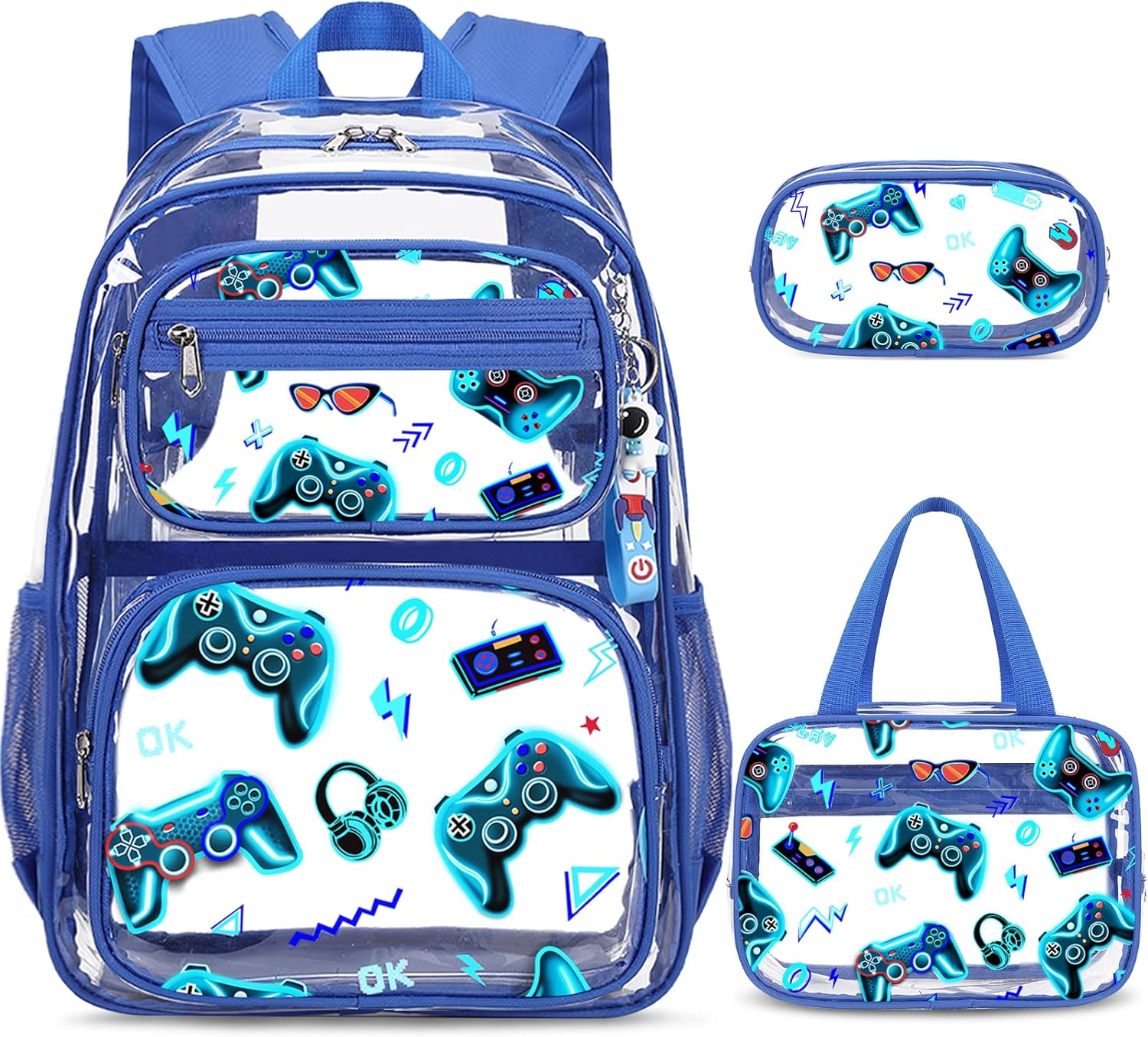 ACESAK Clear Backpack for Boys - 3 Pcs Game Heavy Duty with Lunch Bag - See Through Backpack Clear Bookbag Stadium Approved for Kids Middle High College School Travel (Blue Games)