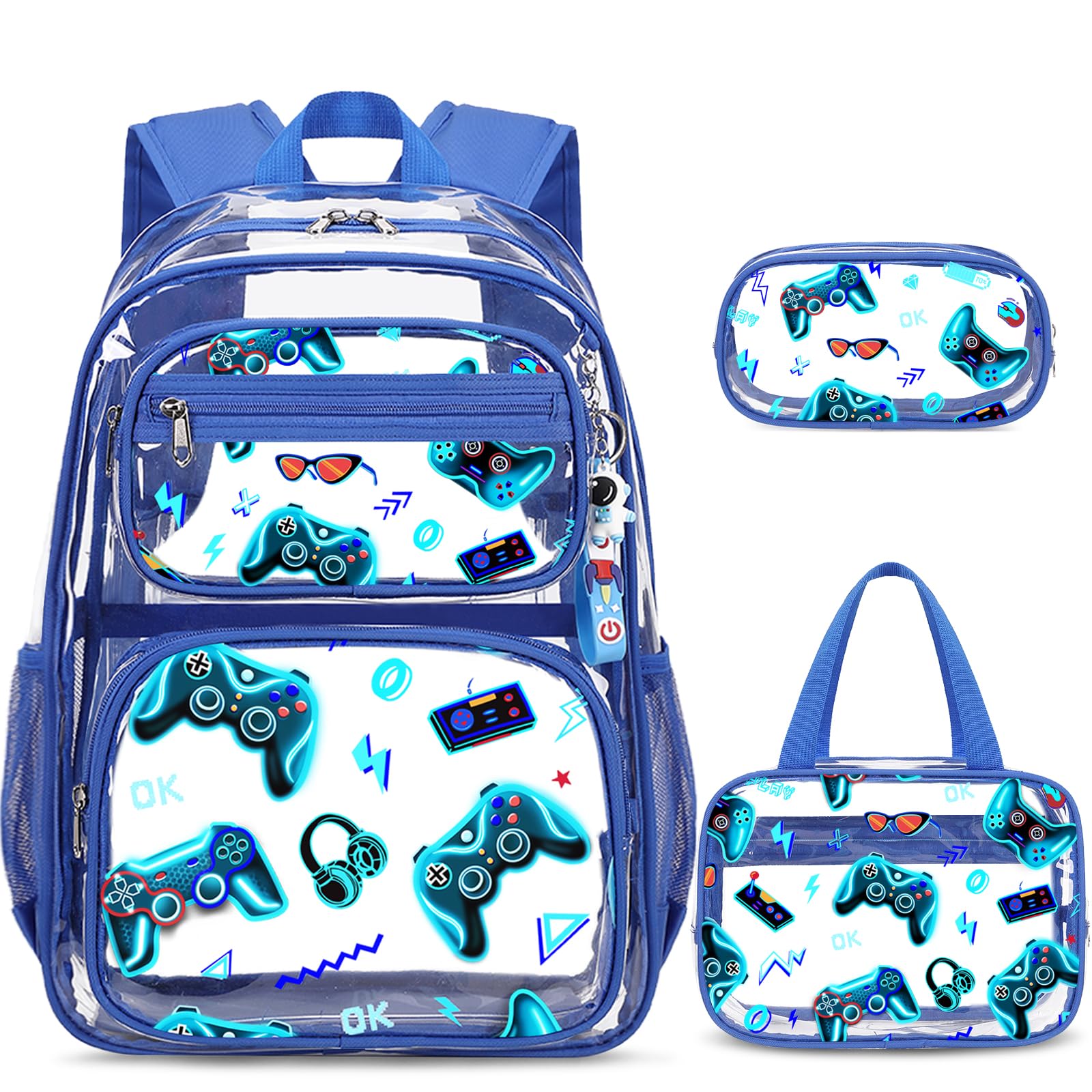 ACESAK Clear Backpack for Boys - 3 Pcs Game Heavy Duty with Lunch Bag - See Through Backpack Clear Bookbag Stadium Approved for Kids Middle High