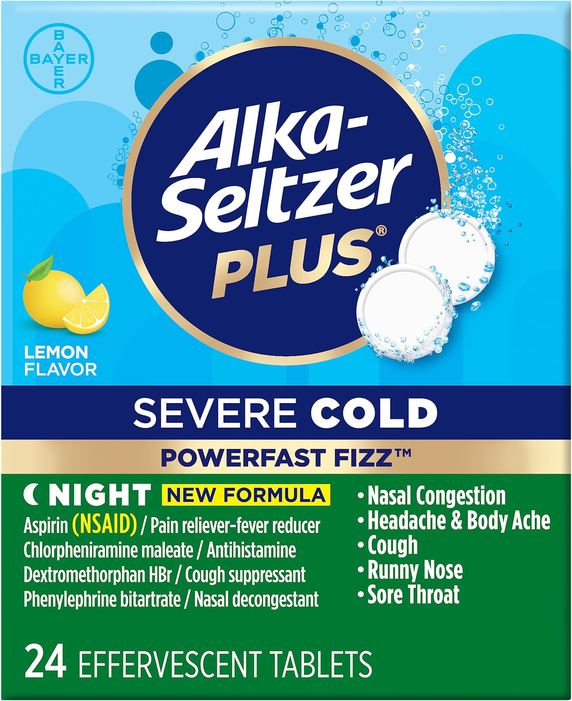 Severe Cold PowerFast Fizz Effervescent Tablets, Nighttime Cold Symptom Relief, 24 Count