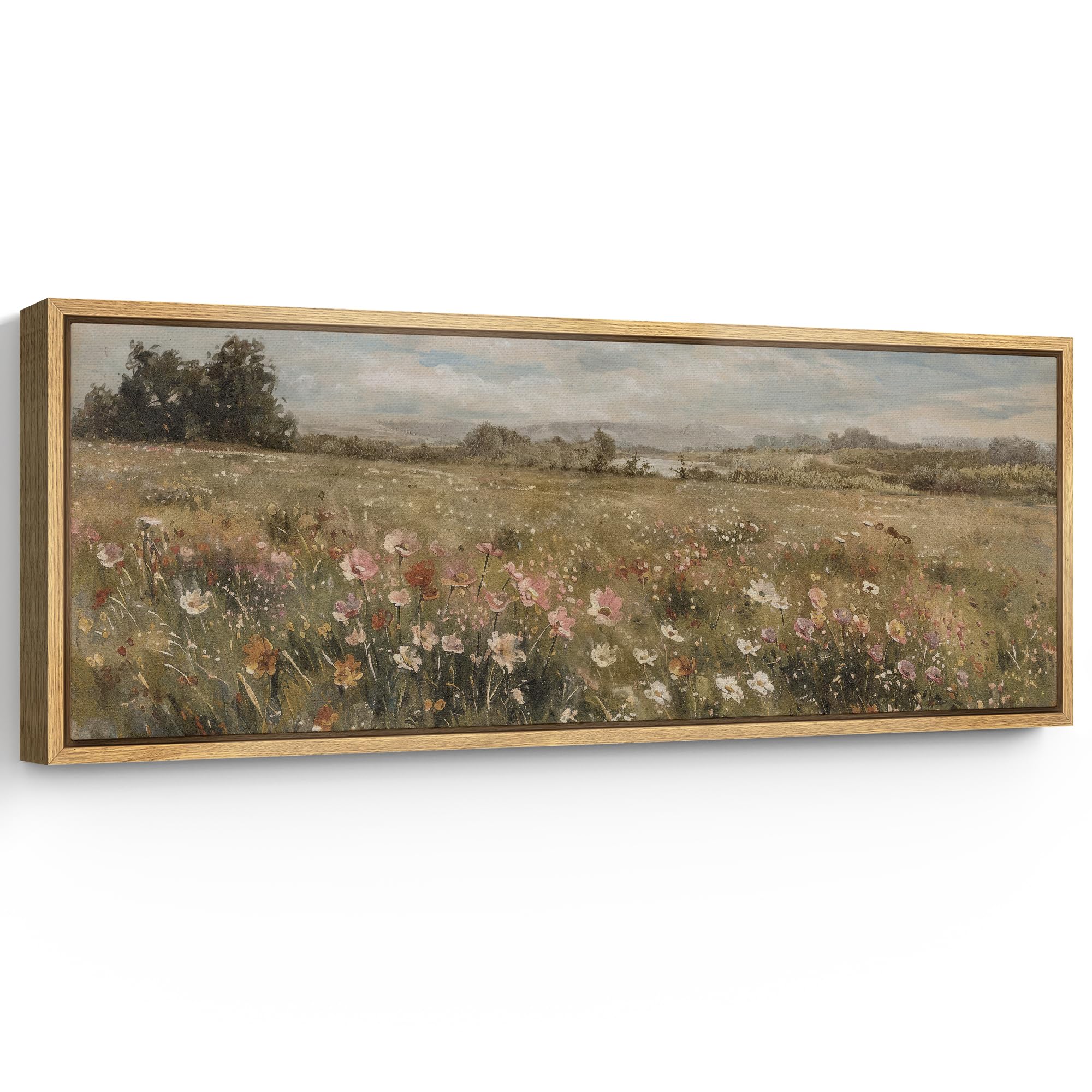 SIGNFORD Large Framed Canvas Print Wall Art Countryside Wildflowers Landscape Scenic Field with Blooming Flowers Illustrations Modern Art Calm Warm