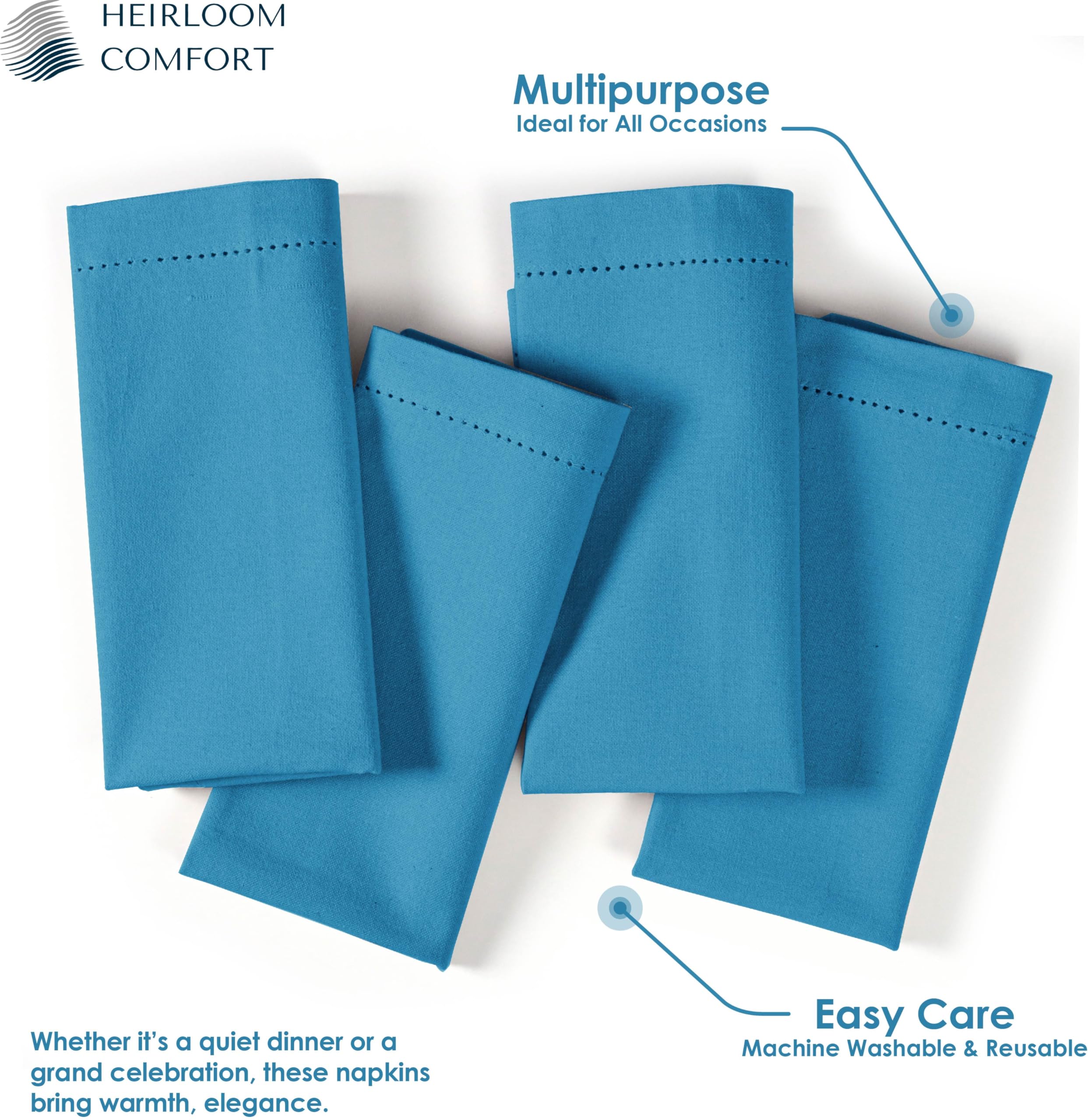 HEIRLOOM COMFORT Turquoise Blue Cloth Napkins 45x45 cm, 12 Pack, Reusable, Absorbent, Soft, Washable Fabric - Image 2
