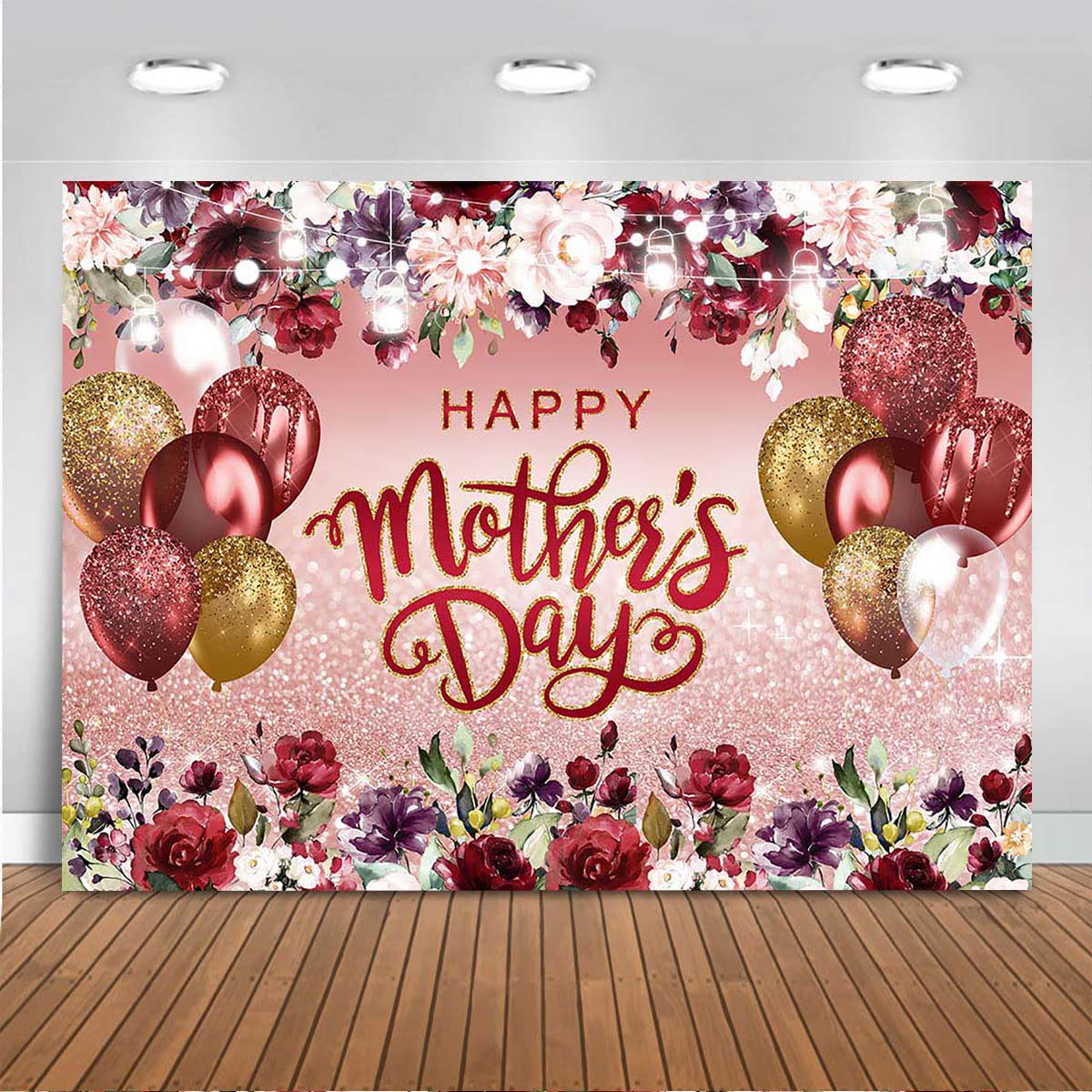 Mocsicka Happy Mother's Day Backdrop Burgundy Flowers Rose Gold Glitter Photo Background Mothers Day Cake Table Party Decorations Bridal Shower Photo