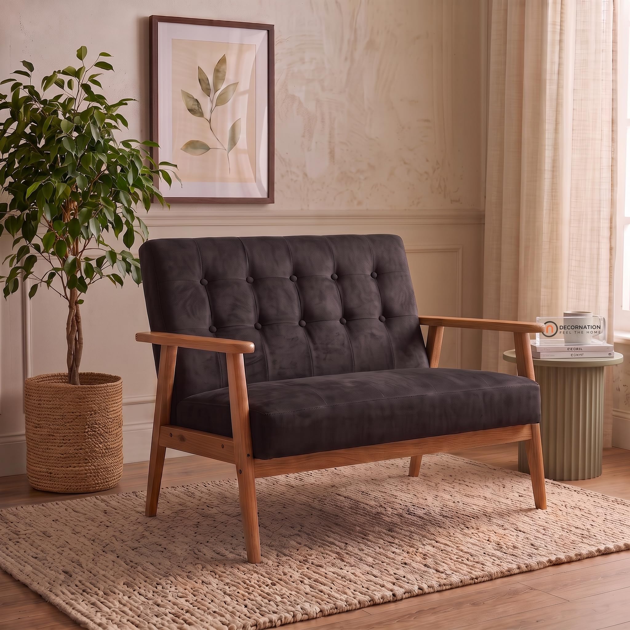 DecorNation Iris Solid Wood Loveseat with Black Velvet Upholstery - Oak & Beech Wood 2-Seater Sofa for Living Room, Bedroom-image-8