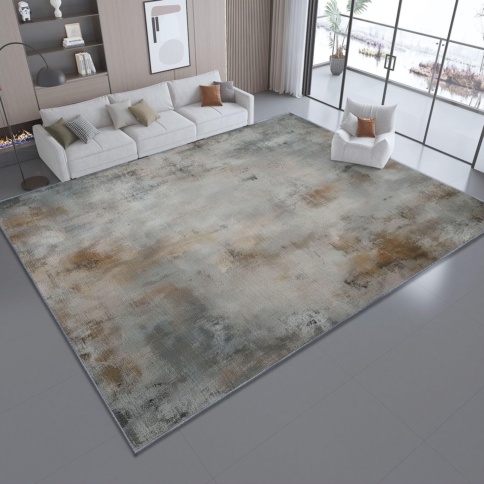 Tapis peinture abstraite gris beige 90x150 couloir bureau