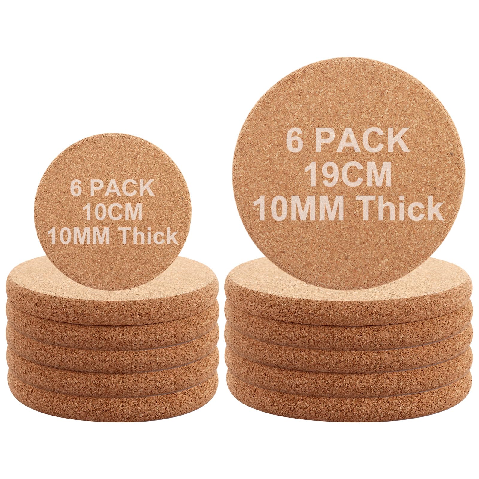 AKOLAFE 12 Pack Cork Placemats and Coasters, Round Cork Mat Trivet 2 Size Table Mats for Kitchen Table, Coffee, Tea, Kettles, Pots, Hot Pans, and Plants 19cm+10cm Diameter