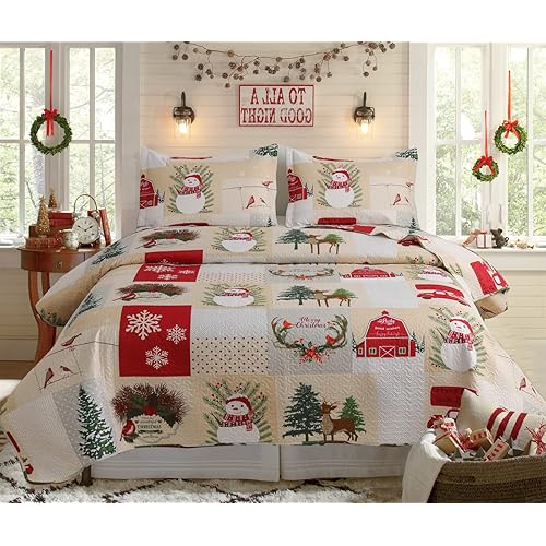 Christmas Quilt Set King Size Bedding Xmas Home Decor Holiday Quilt Lodge Snowman Plaid Patchwork Lightweight Quilt Set Bedding Reversible Christmas Bed Set