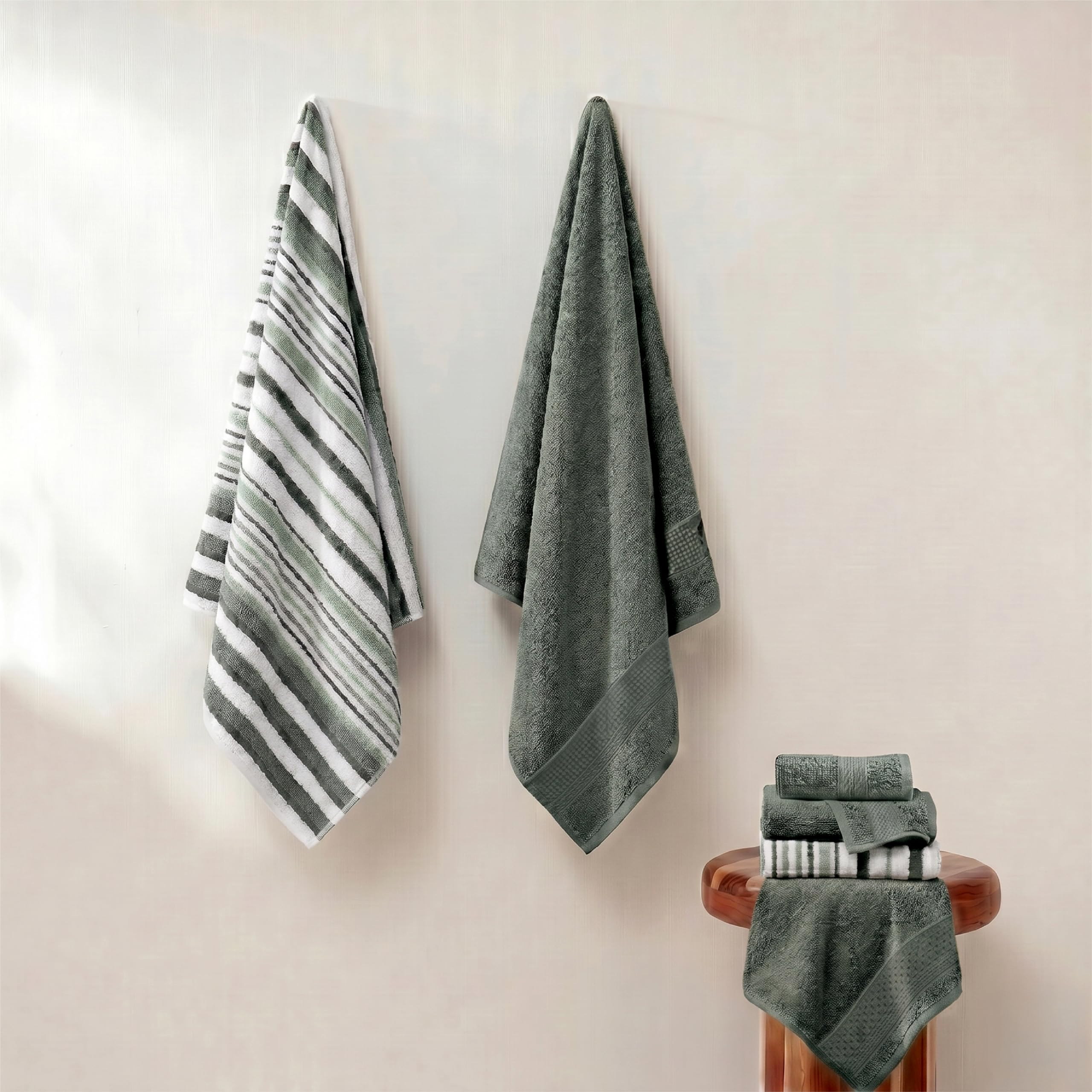 Modern Threads Pax 6-teiliges Wendegarn-gefärbtes Jacquard-Handtuch-Set – Badetücher, Handtücher und Waschlappen – super saugfähig und schnell trocknend – 100% gekämmte Baumwolle, Efeu