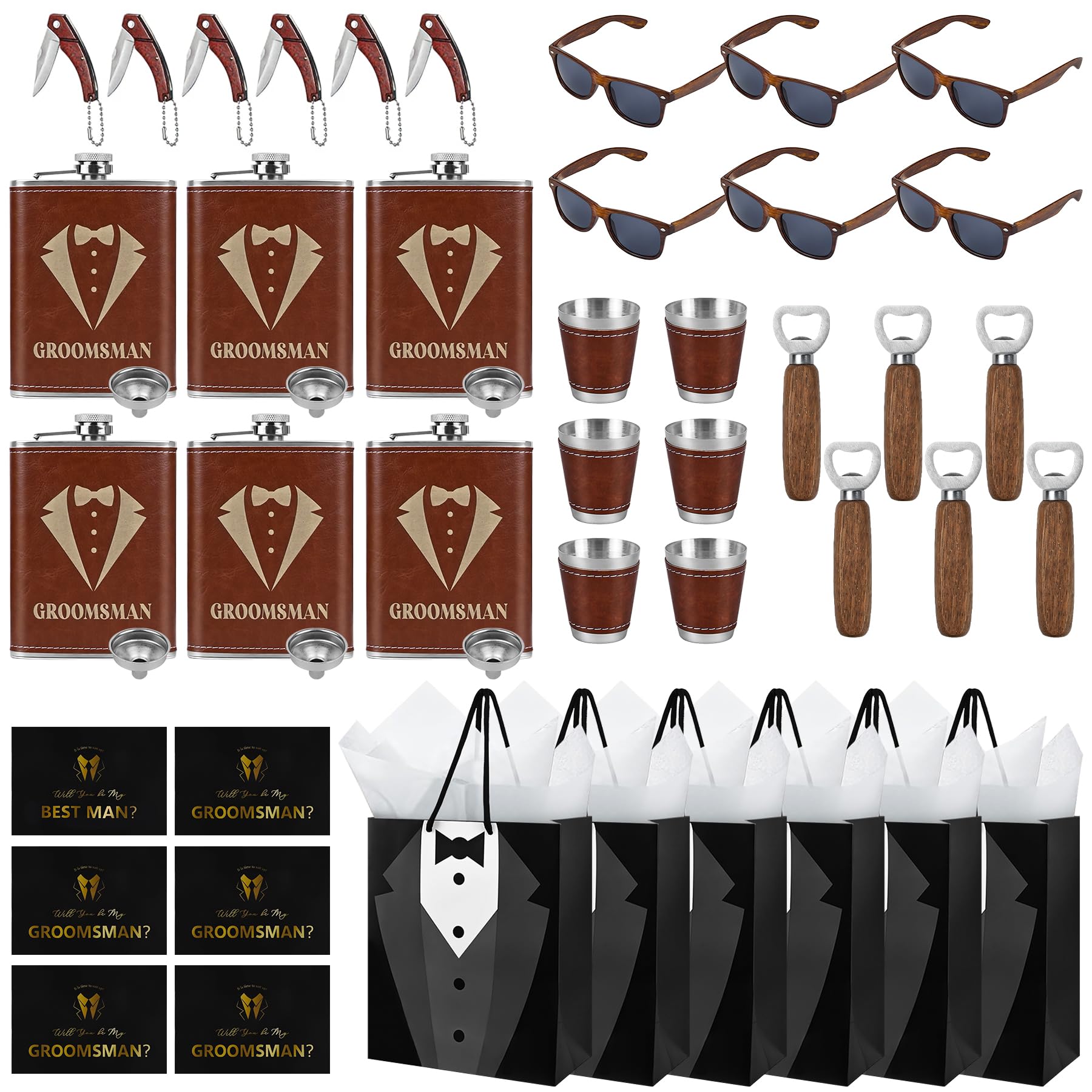 55 Pcs Groomsmen Proposal Gifts Including Empty Flasks Funnels Cocktail Glasses Sunglasses Bottle Openers and More for Wedding Groomsmen Present Bachelor Party Favors