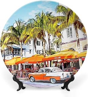 Miami Ceramic Decorative Plate for Display City Travel Souvenir Print Housewarming Gifts Household Supplies Ceramic Hanging Decorative Plate with Display Stand Thanksgiving Personalized Gifts, 8"