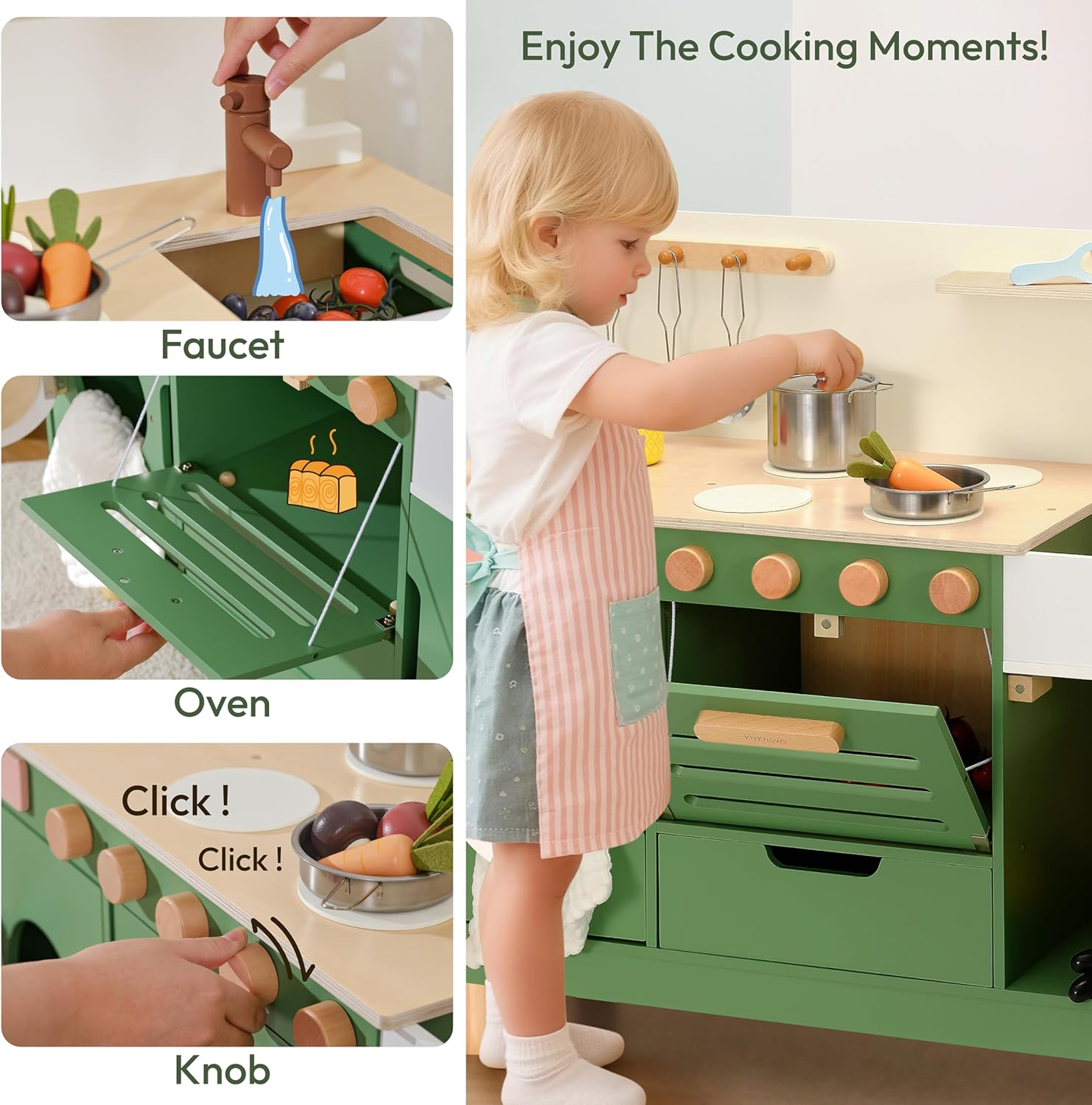 Wooden Play Kitchen & Laundry Center for Kids, 2-in-1 Pretend Play Toys with Sink & Oven, Play Kitchen Set for Toddlers Ages 3-6, Gift for Boys & Girls (Green)