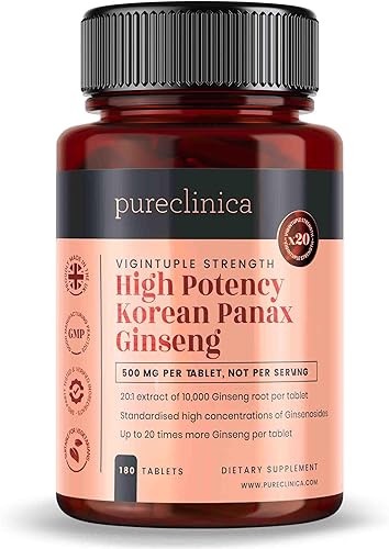 Pureclinica Panax Ginseng coreano de alta potencia 10,000 mg x 180 tabletas - 6 meses de suministro
