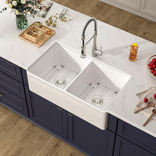 Donsdey 33 White Kitchen Sink 33x18 Fireclay Farmhouse Apron Front Round Corner Sink Double Bowl Farm Sinks Ceramic Deep Bowl Farmer Basin with Bottom Grid & Strainer Easy To Clean Large Capacity