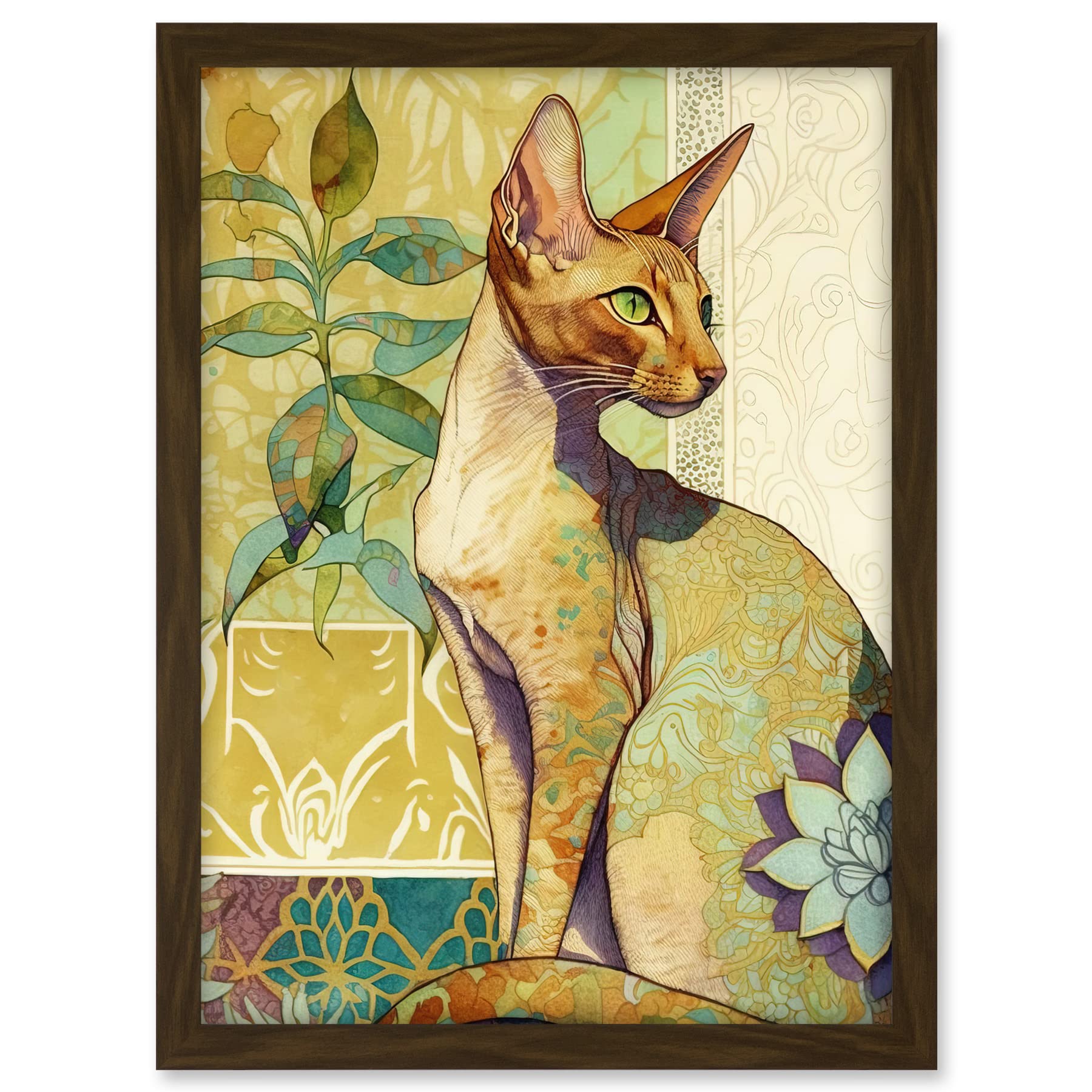 Artery8 Oriental Shorthair Cat with Art Nouveau Botanical Patterns Colourful Watercolour Illustration Artwork Framed A3 Wall Art Print