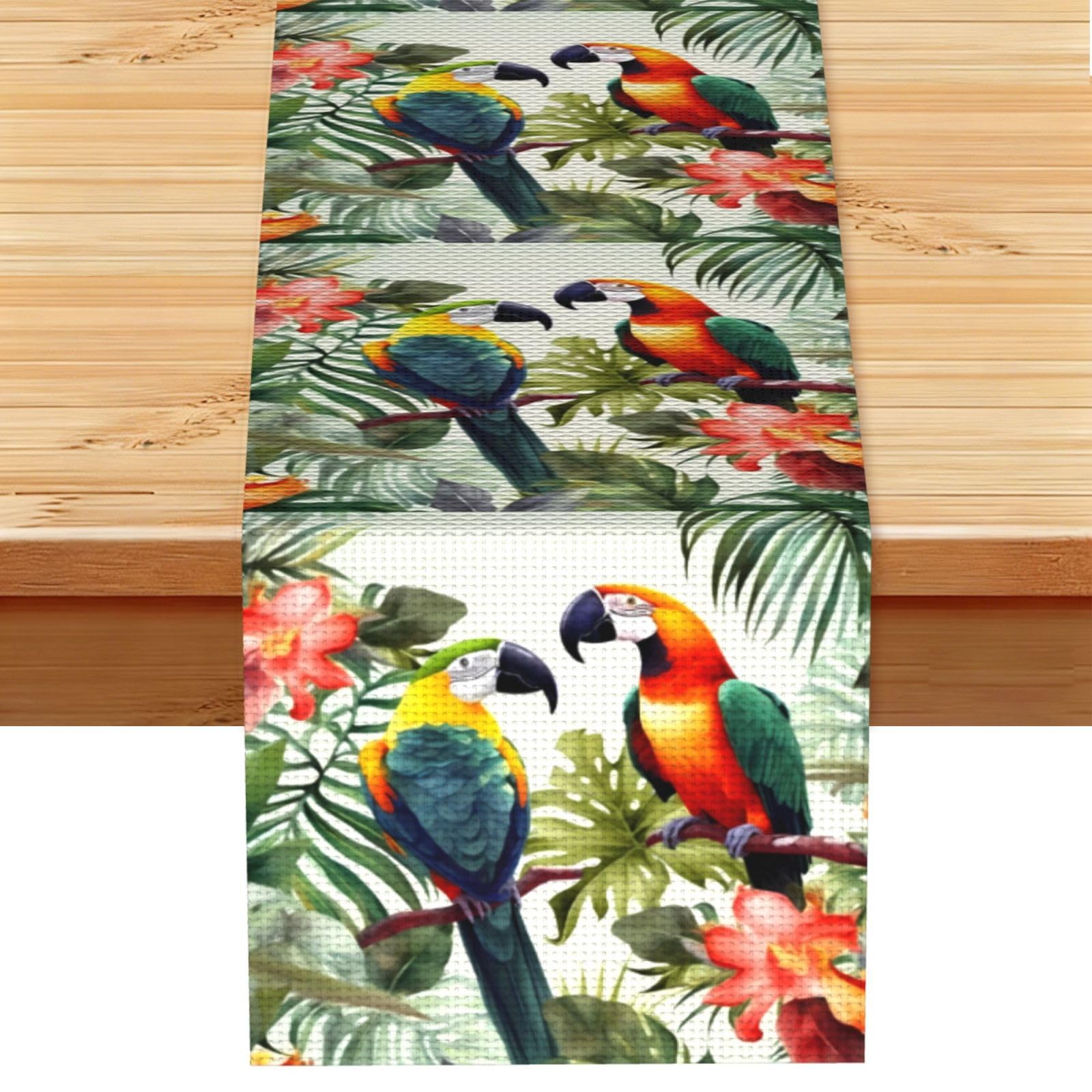Toucans Parrot Palm Tree Leaves Table Runner 13 x 72 Inches Long, Cotton Linen Table Runners for Kitchen Dining Table Decoration - Washable Tablecloth Modern Tablerunner for Home Party Decor