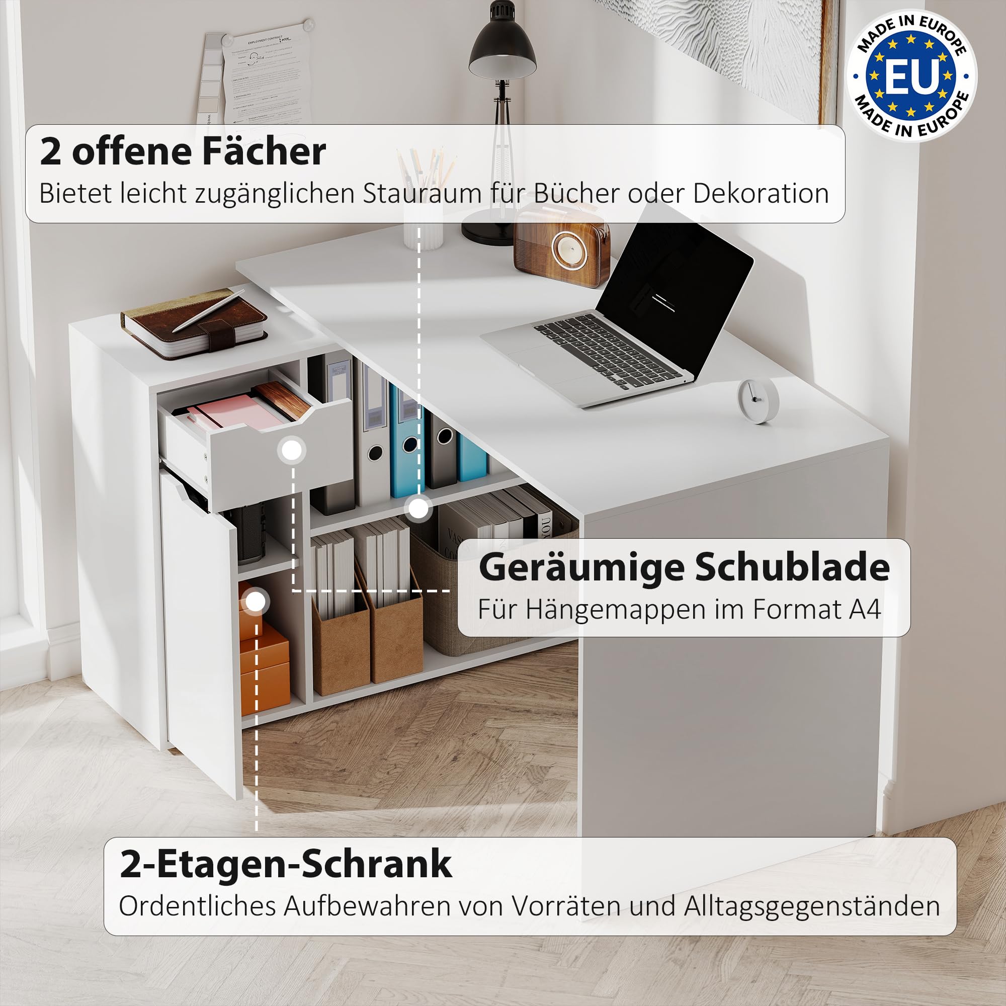 HOMCOM Eckschreibtisch Computertisch mit Schublade 120 x 96 x 75 cm Weiß | L-Form Winkelschreibtisch, 1 Tür, Offene Ablagen, für Dokumente im A4-Format, Hergestellt in der EU