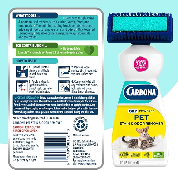 Carbona 2-in-1 Oxy-Powered Pet Stain & Odor Remover (13.5 Fl Oz), Carpet Spot Cleaner Removes Urine Odor, Lifts Mud & Vomit Stains, Prevents Resoiling