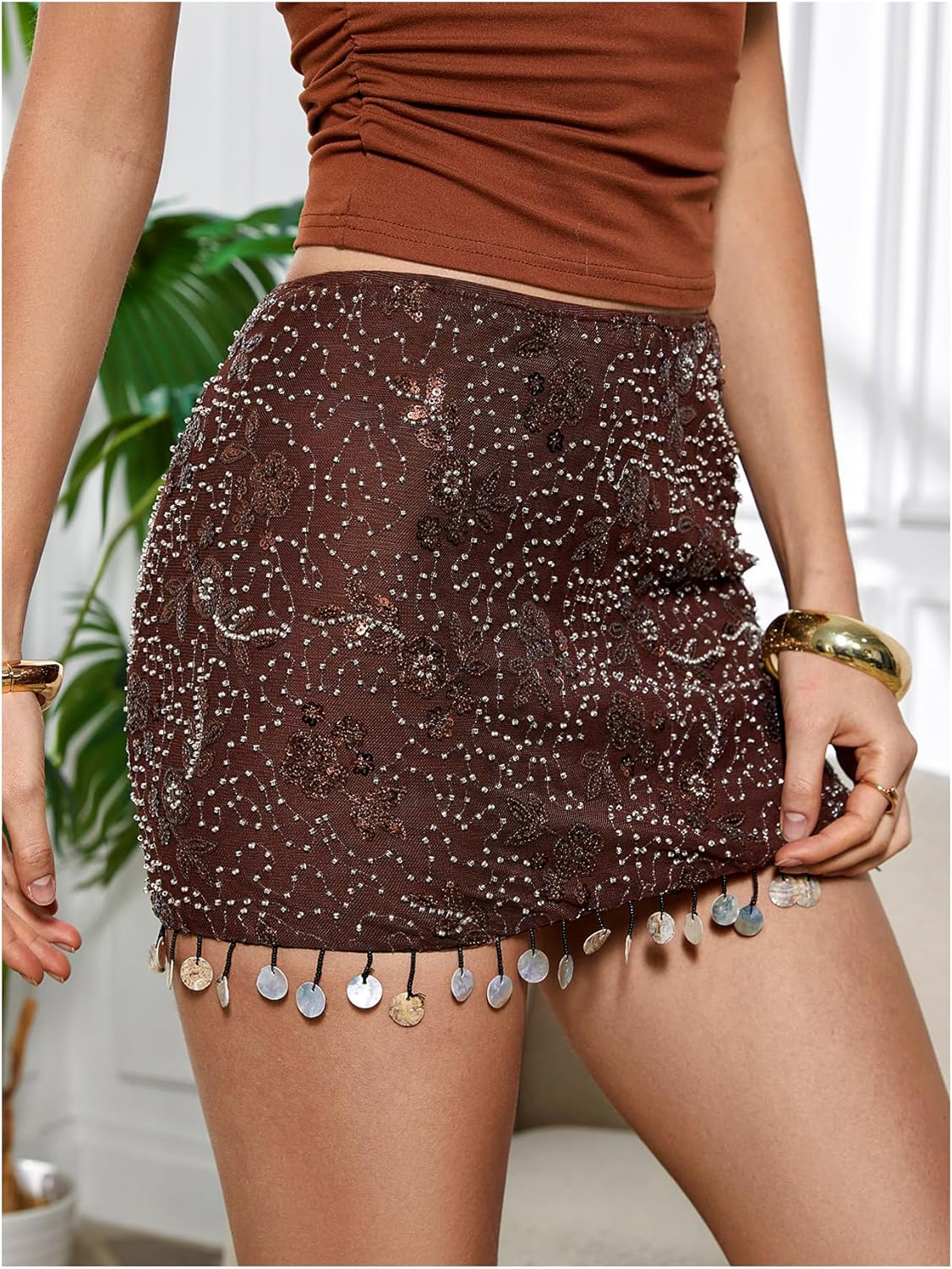WDIRARA Women's Sequin Mini Skirt Sparkly Beaded Low Rise Bodycon Skirts - Image 2