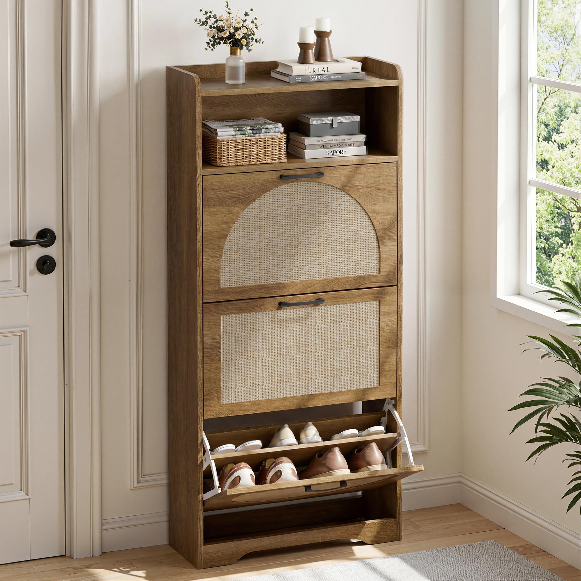 BonVache Rattan Shoe Storage Cabinet with Adjustable Shelves, Narrow Shoe Storage Unit with 3 Flip Drawers,Wooden Shoe Organiser for Hallway Apartment,Student Dormitory Entryway and Living Room