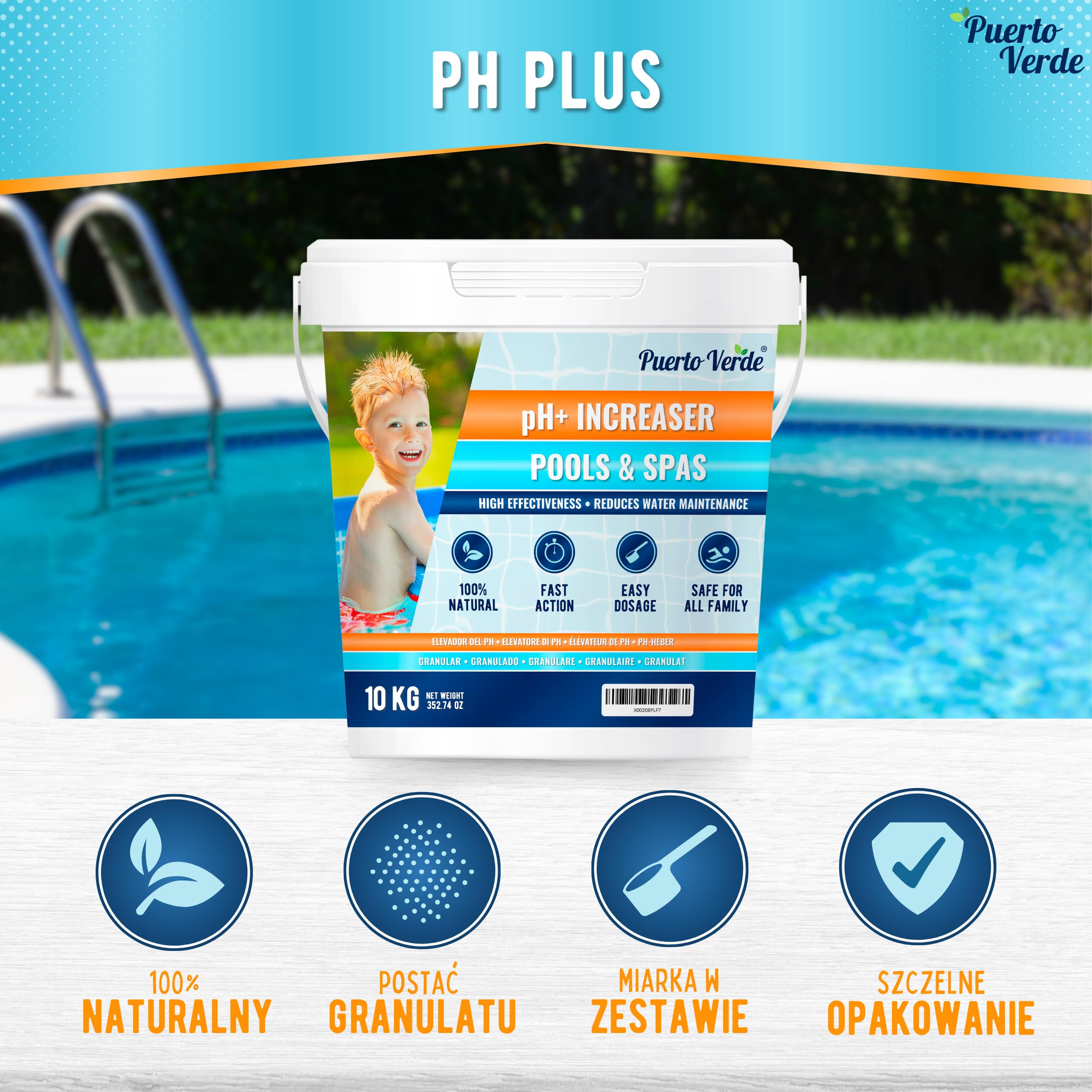 Podnośnik pH+ do Basenu 2x10 kg. Granulat Szybko Działający. | Regulator pH do Jacuzzi i Spa. Podnośnik pH Plus z Dołączoną Miarką Dozującą. Stabilizuje Odczyn Wody. Produkcja Europejska.