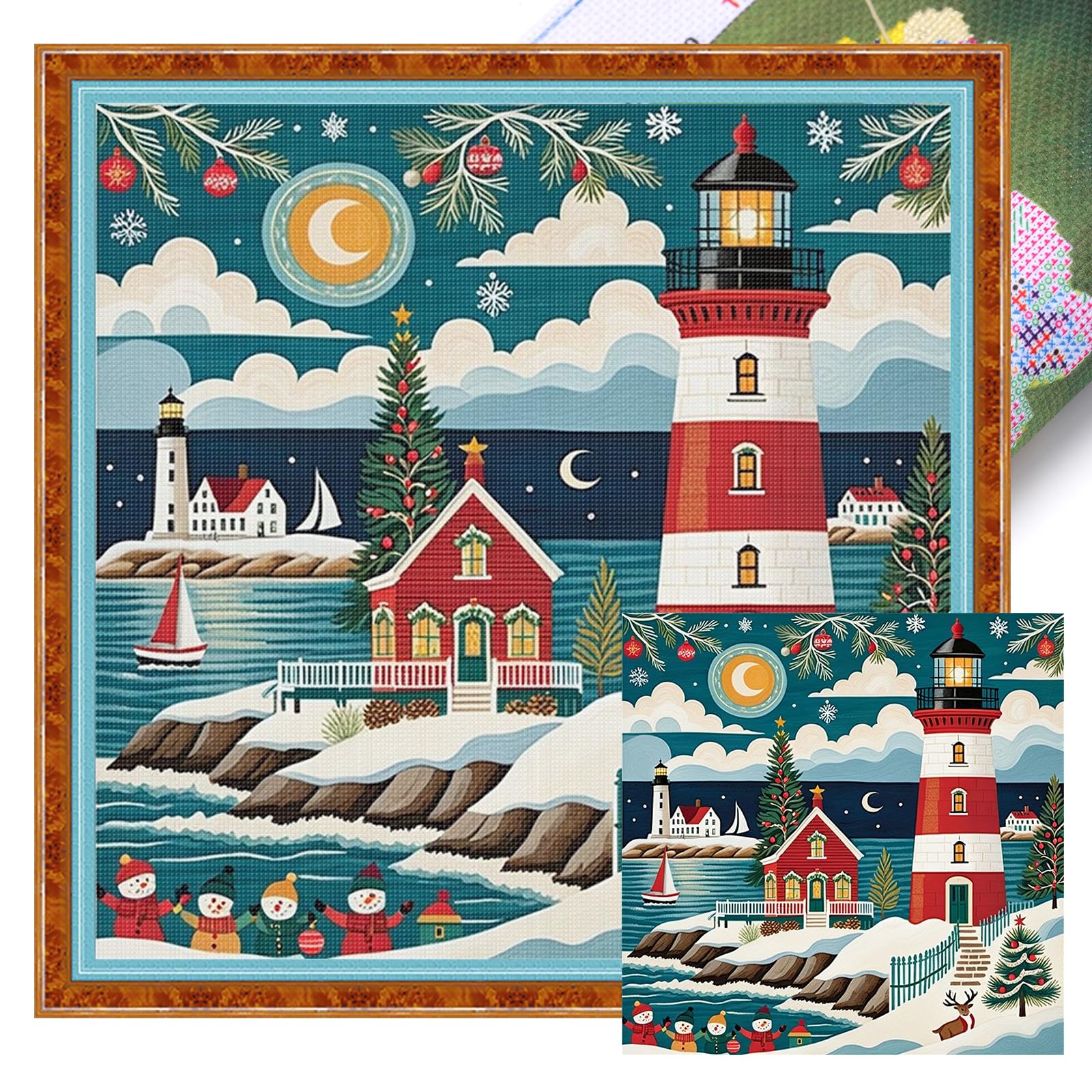 Poetrydraw Christmas Lighthouse Full 11Ct Diy Stamped Cross Stitch Kits 45X45cm Home Decor (Christmas Lighthouse)