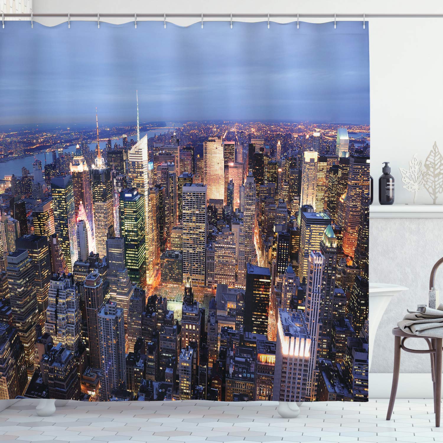 Ambesonne New York Shower Curtain, Aerial View of NYC Full of Skyscrapers Manhattan Times Square Famous Cityscape Panorama, Cloth Fabric Bathroom Decor Set with Hooks, 69" W x 70" L, Blue