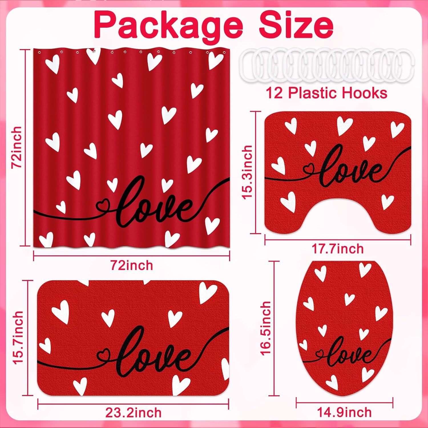 Tieshankao 4Pcs Valentines Shower Curtain Bathroom Set - Red Love Non Slip Rugs Toilet Lid Cover Bath Mat with 12 Hooks