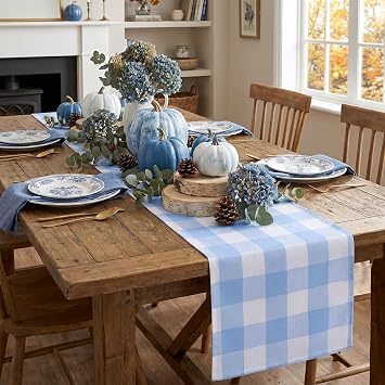 Light Blue Gingham Table Runner 72 inches Long, Farmhouse Table Decor