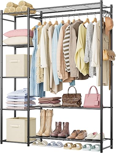 Armario, perchero portátil con estantes de 4 niveles, organizadores de armario independientes y sistema de almacenamiento con varillas para colgar,