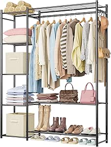 Amazon.com: Wardrobe Closet,Portable Clothes Rack with 4 Tiers Shelves,Freestanding Closet Organizers and Storage System with Hanging Rods,Steel Clothing Rack Suitable for Cloakrooms,Bedrooms,Entrances,etc.Black : Home & Kitchen