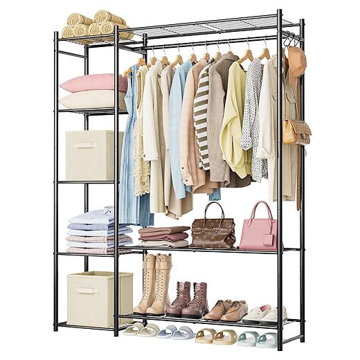 Wardrobe Closet,Portable Clothes Rack with 4 Tiers Shelves,Freestanding Closet Organizers and Storage System with Hanging Rods,Steel Clothing Rack Suitable for Cloakrooms,Bedrooms,Entrances,etc.Black
