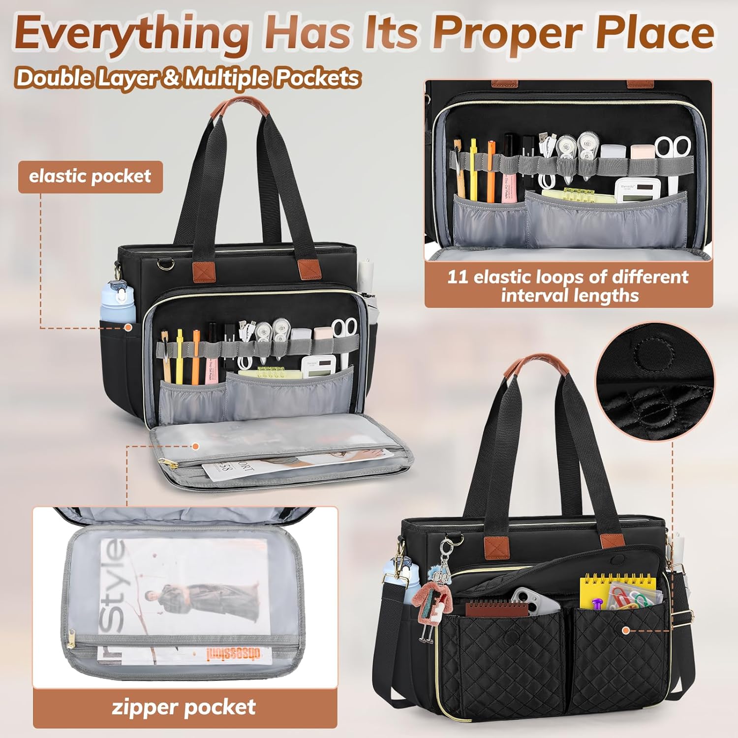 RAINSMORE Teacher Tote Bag for Women Work Bags 15.6 Inch Laptop Tote Bag with Large Cup Holder Nurse Bag Computer Handbag - Image 3