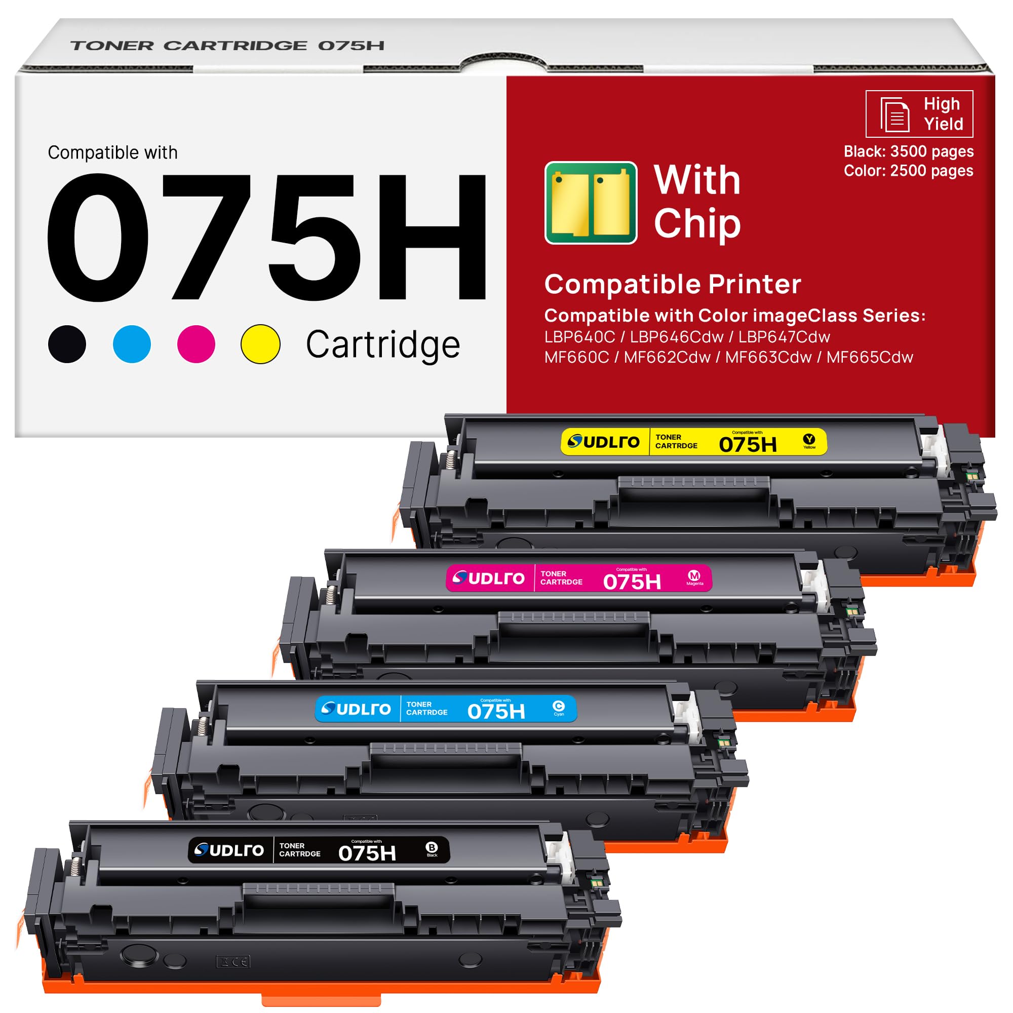 075H Toner Cartridges 4 Pack for Canon MF665Cdw LBP646Cdw with Chip | 075H toner cartridge set 4 pack with chip for Canon imageCLASS MF665Cdw MF663Cdw MF662Cdw LBP646Cdw and LBP647Cdw
